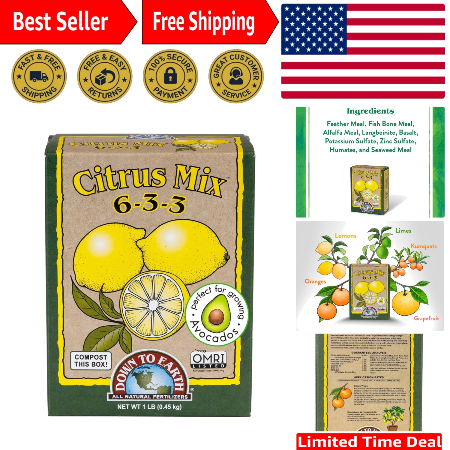 Organic Citrus Mix – Plant Food for Lemons, Limes, Oranges and Avocados 6-3-3…