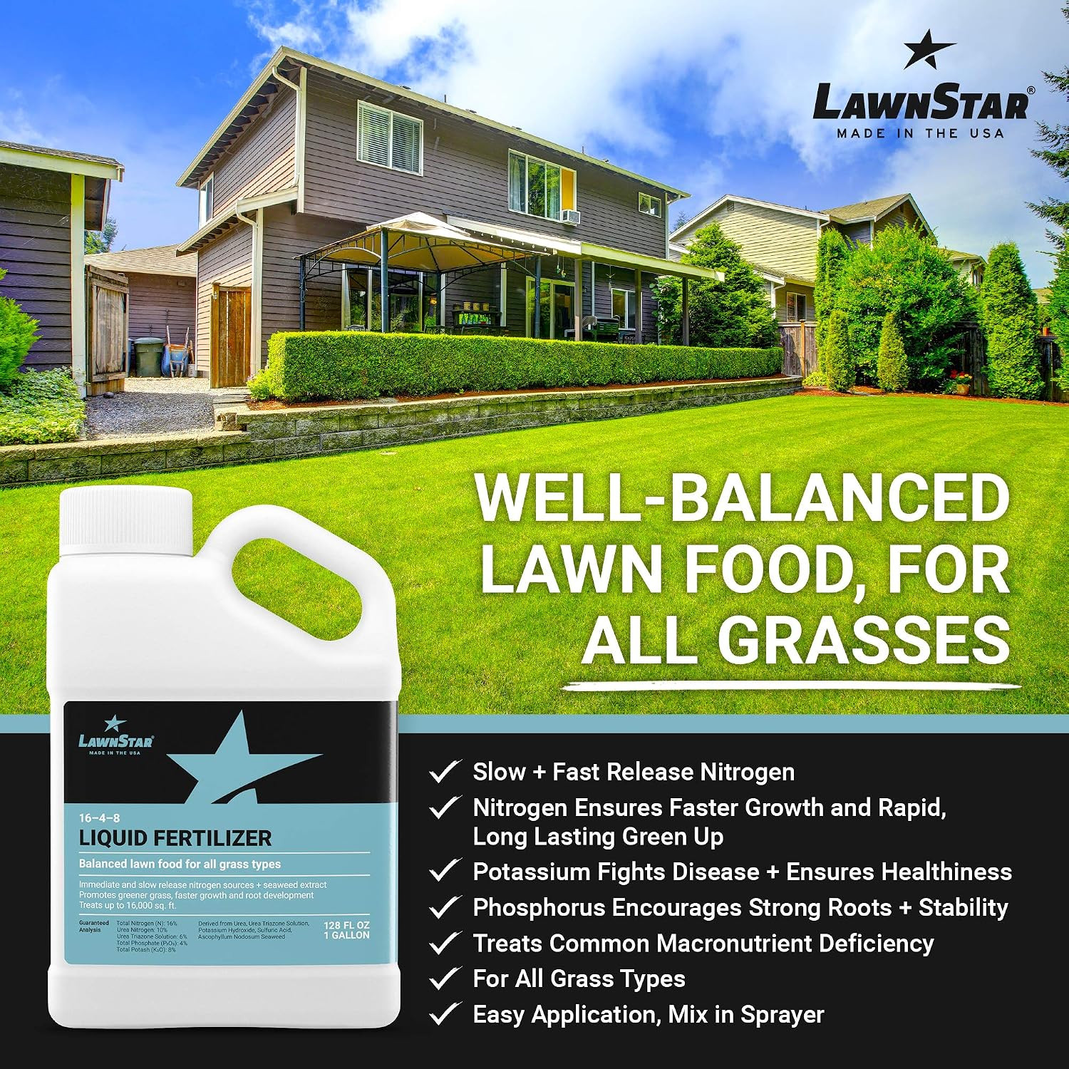 Balanced 16-4-8 Nutrient Liquid Fertilizer (1 Gallon) – Premium Lawn Food, NPK w