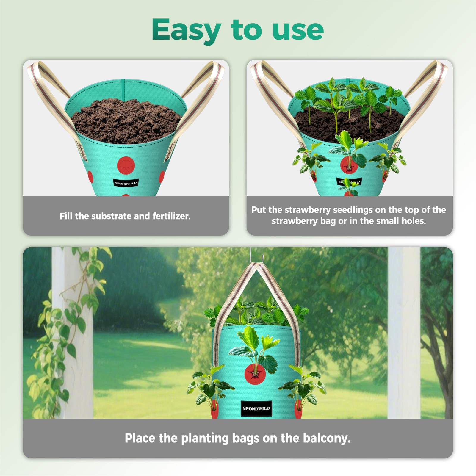 3 Pack Hanging Strawberry Planter Bags, 1 Gallon Hanging Grow Bags with Botto…