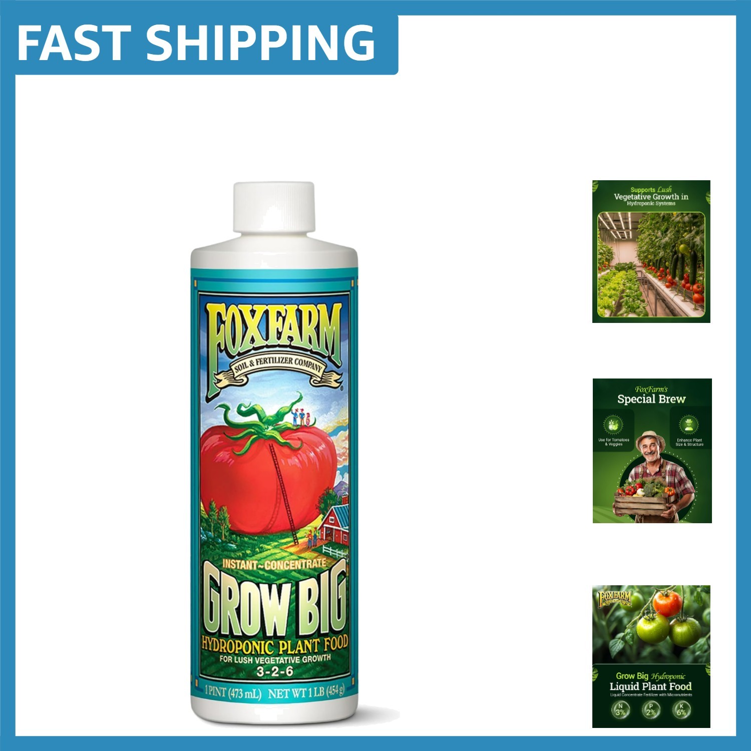 Grow Big Hydroponic Plant Food – 3-2-6 Liquid Fertilizer, 1 Pint Nutrient Boost
