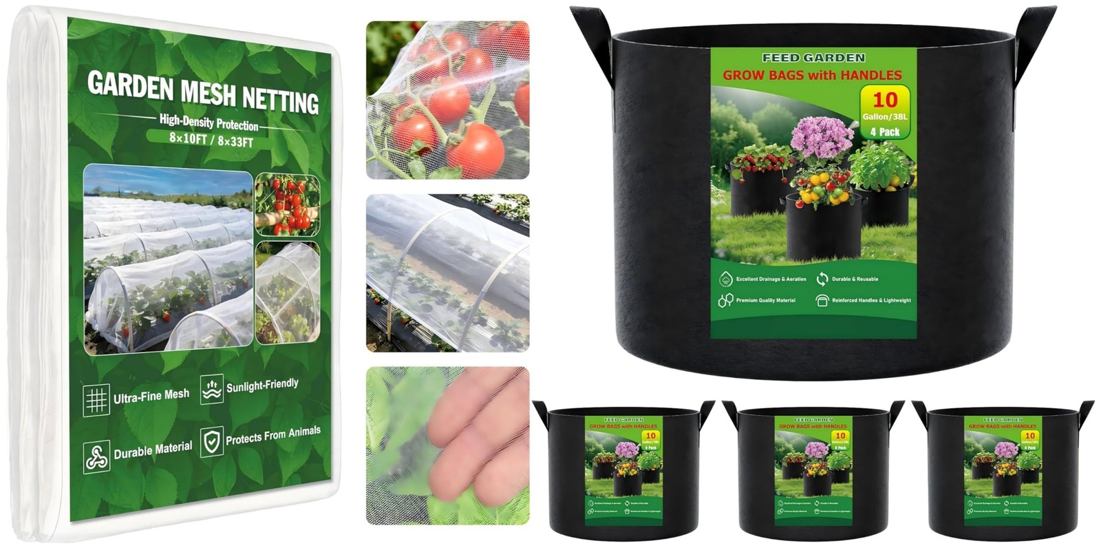 FEED GARDEN Garden Netting 8x33FT and Grow Bags Bundle