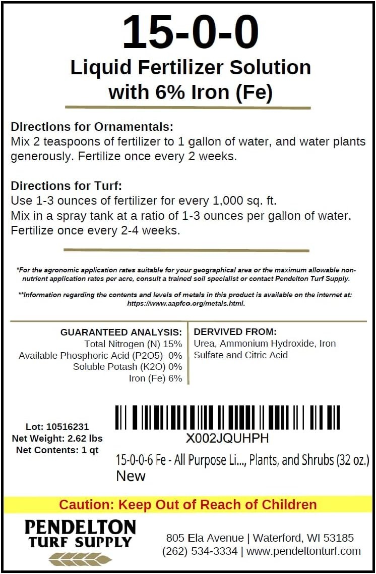 Pendelton Turf Supply 15-0-0-6 Fe Fertilizer – Liquid Solution for Dark Greens