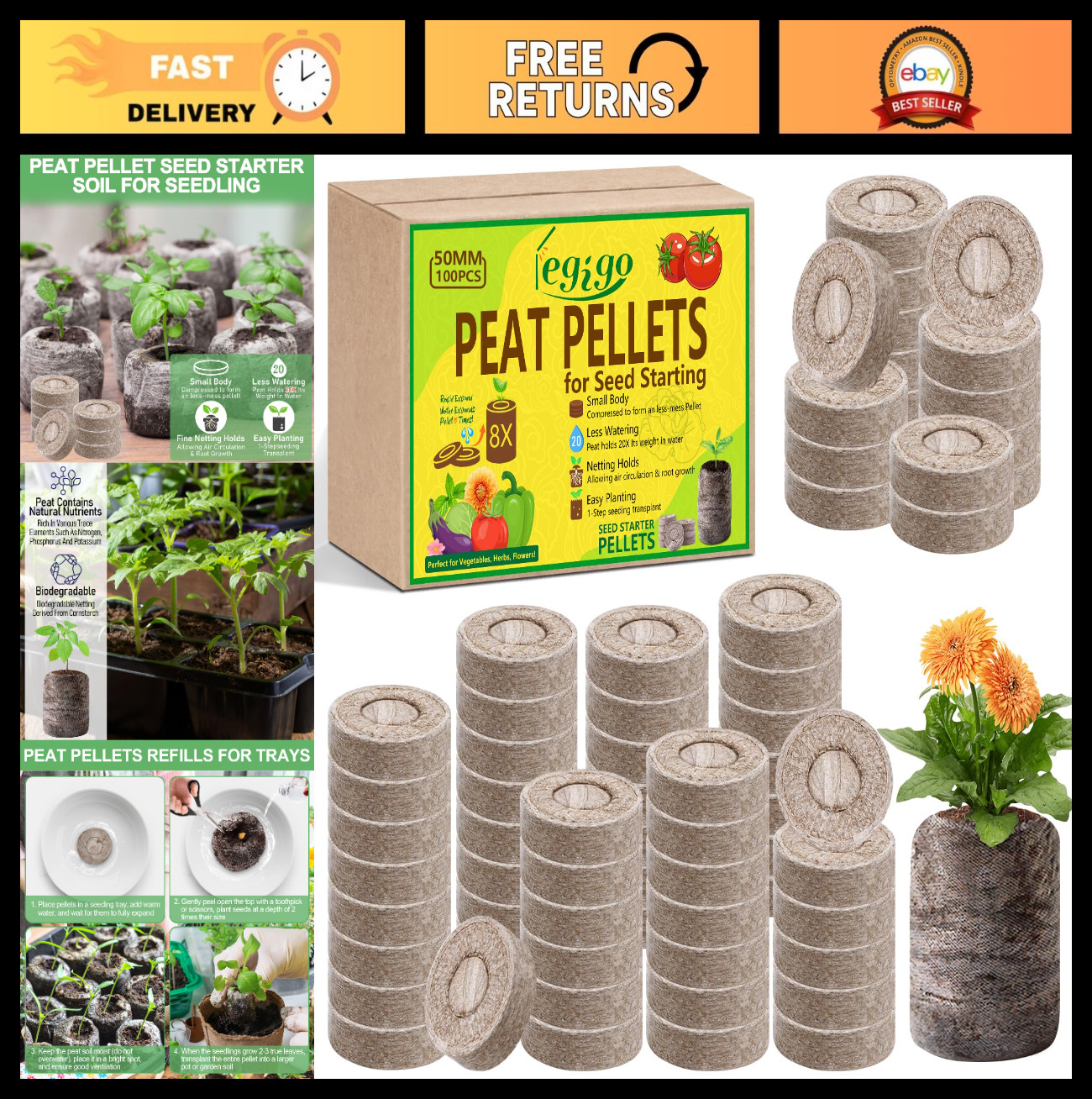100 Pcs 50mm Seed Starter Peat Pellets – Compressed Pods for Seedlings, Herbs, F