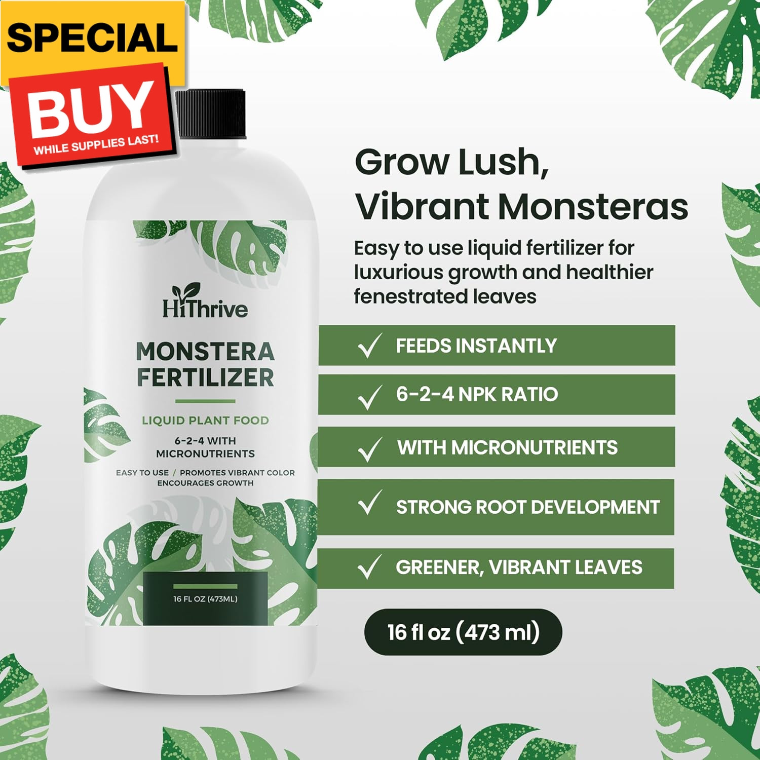16oz Monstera Plant Food – Makes 96 Gallons of Monstera Fertilizer, Liquid Indoo