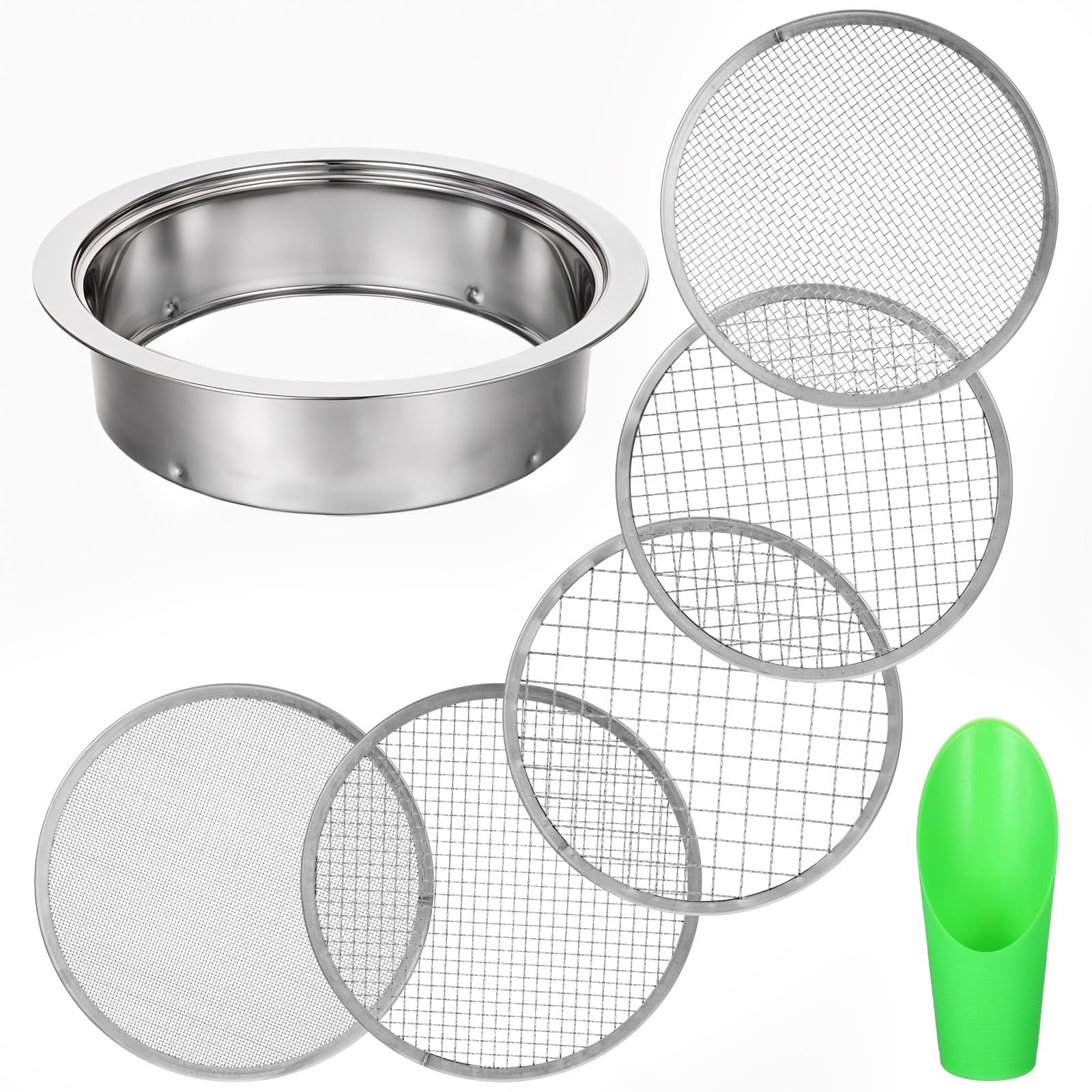 Soil Sieve Set Garden Soils Sifter Stainless Steel 9.5 x 2.36 Inch, SILVER