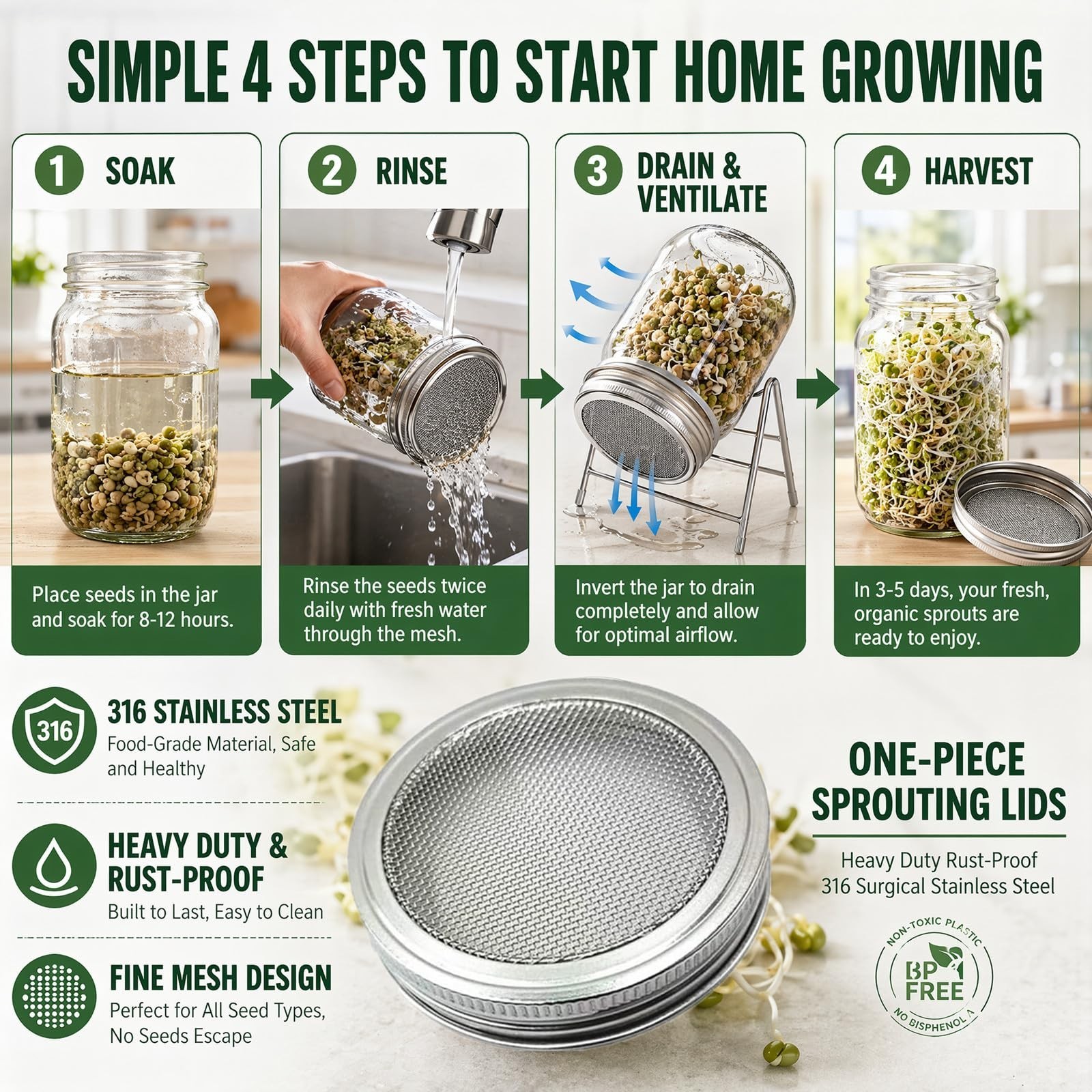 Sprouting Lids Sprouts Growing Kit, 4 Pack Metal Stainless Steel One-Piece Wi…