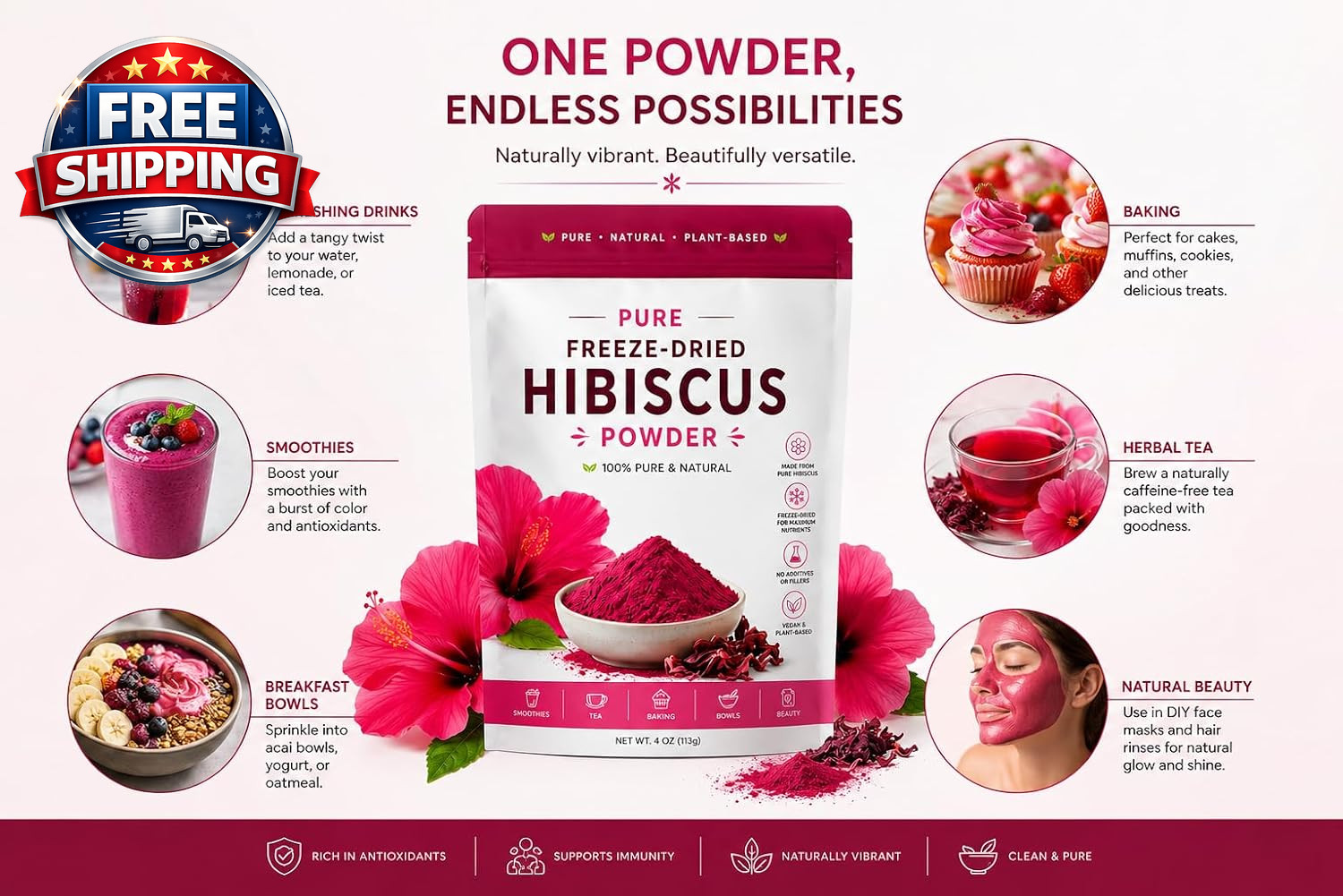 100% Pure Hibiscus Powder – Food Grade Freeze-Dried Superfine Hibiscus Flower Po