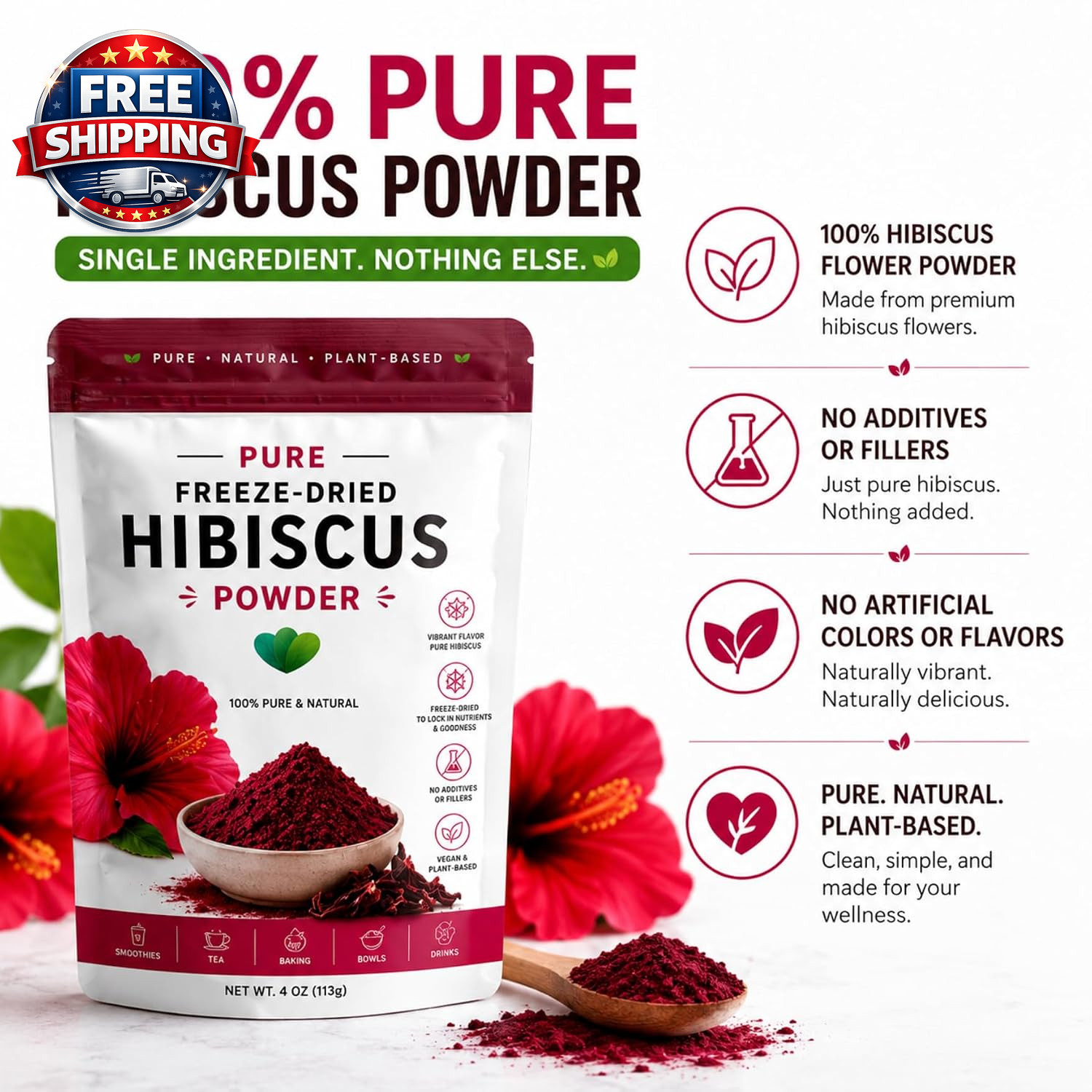 100% Pure Hibiscus Powder – Food Grade Freeze-Dried Superfine Hibiscus Flower Po