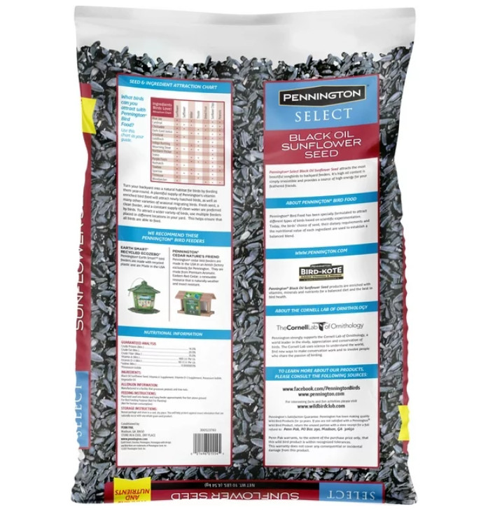 Pennington Select Black Oil Sunflower Seed Dry Wild Bird Feed, 20 lb. Bag, 1 Pac