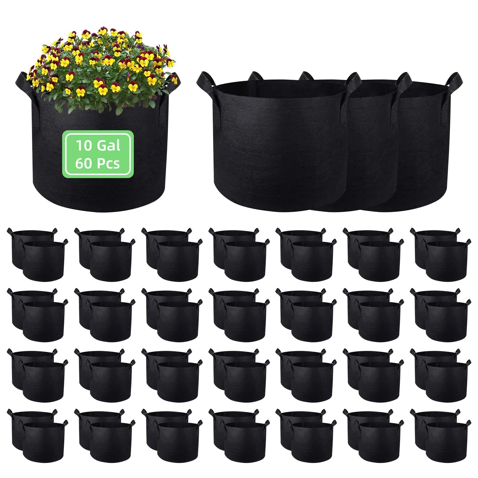 10 Gallon Garden Grow Bags, 60 Pack 10 Gal Planter Fabric Pot, Nonwoven Grow …