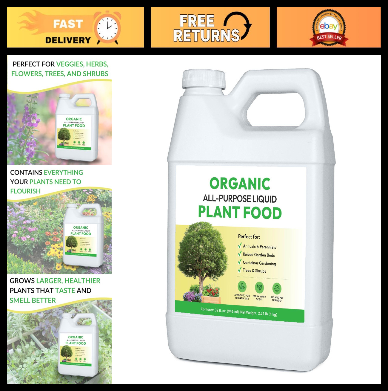 Organic All-Purpose Liquid Fertilizer for Outdoor Plants – 32oz Concentrate, Mix