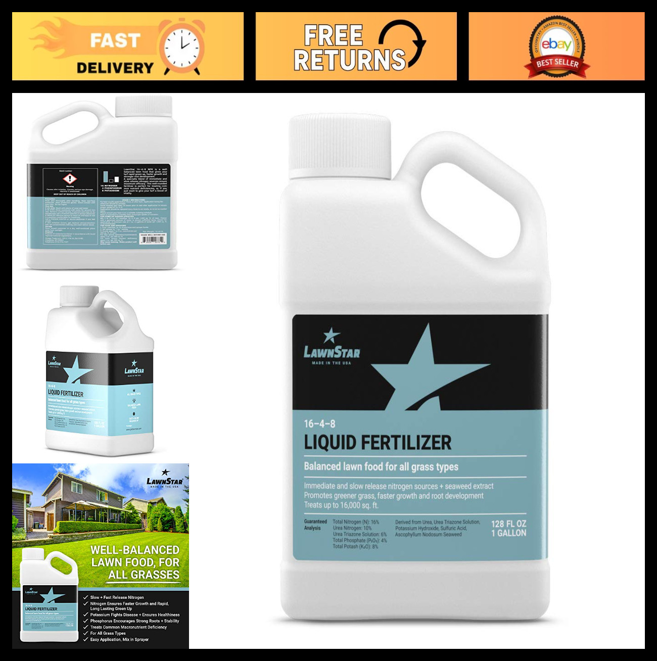 Premium 16-4-8 Liquid Fertilizer – 1 Gallon Lawn Food with Seaweed Extract, NPK,