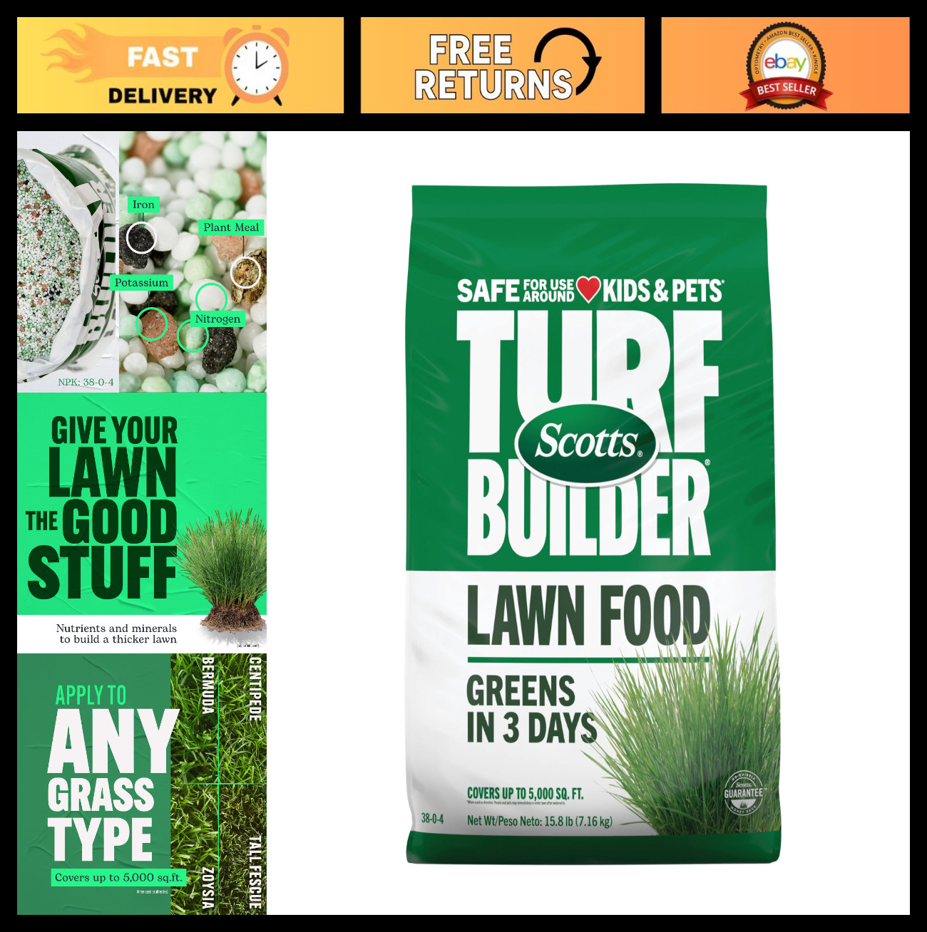 Lawn Fertilizer Granules 38-0-4, 15.8 lbs – All Grass Types, Covers 5,000 sq ft