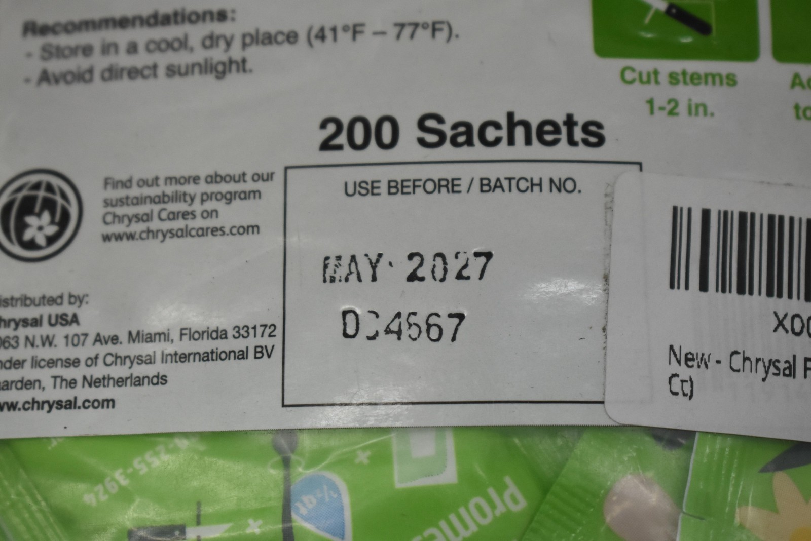 Chrysal Universal Flower Food Fertilizer 5g Sachets 200 Count Bag Cut Flowers