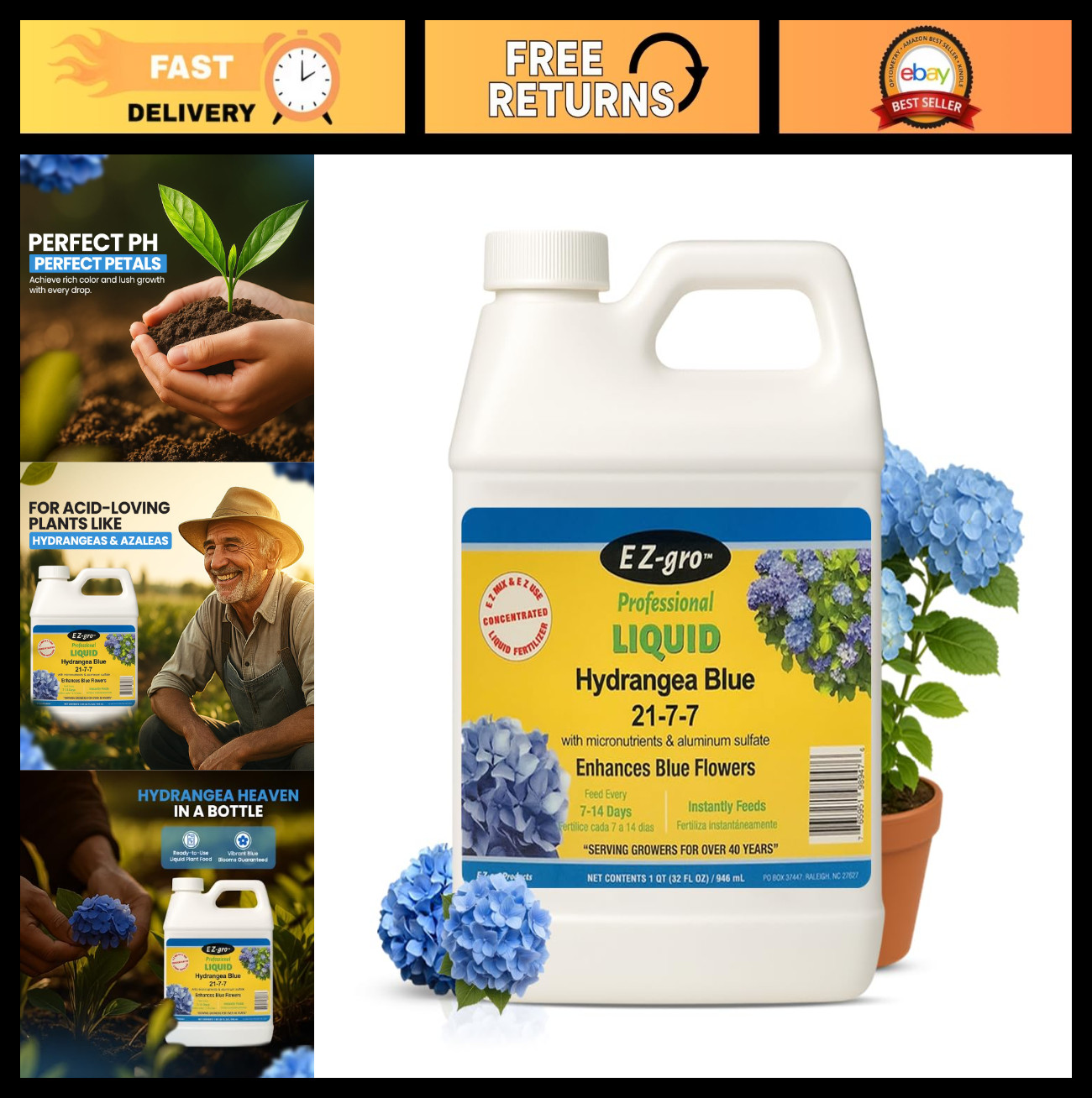 Liquid Hydrangea Fertilizer 21-7-7 with Aluminum Sulfate – Boost Blue Blooms, 1