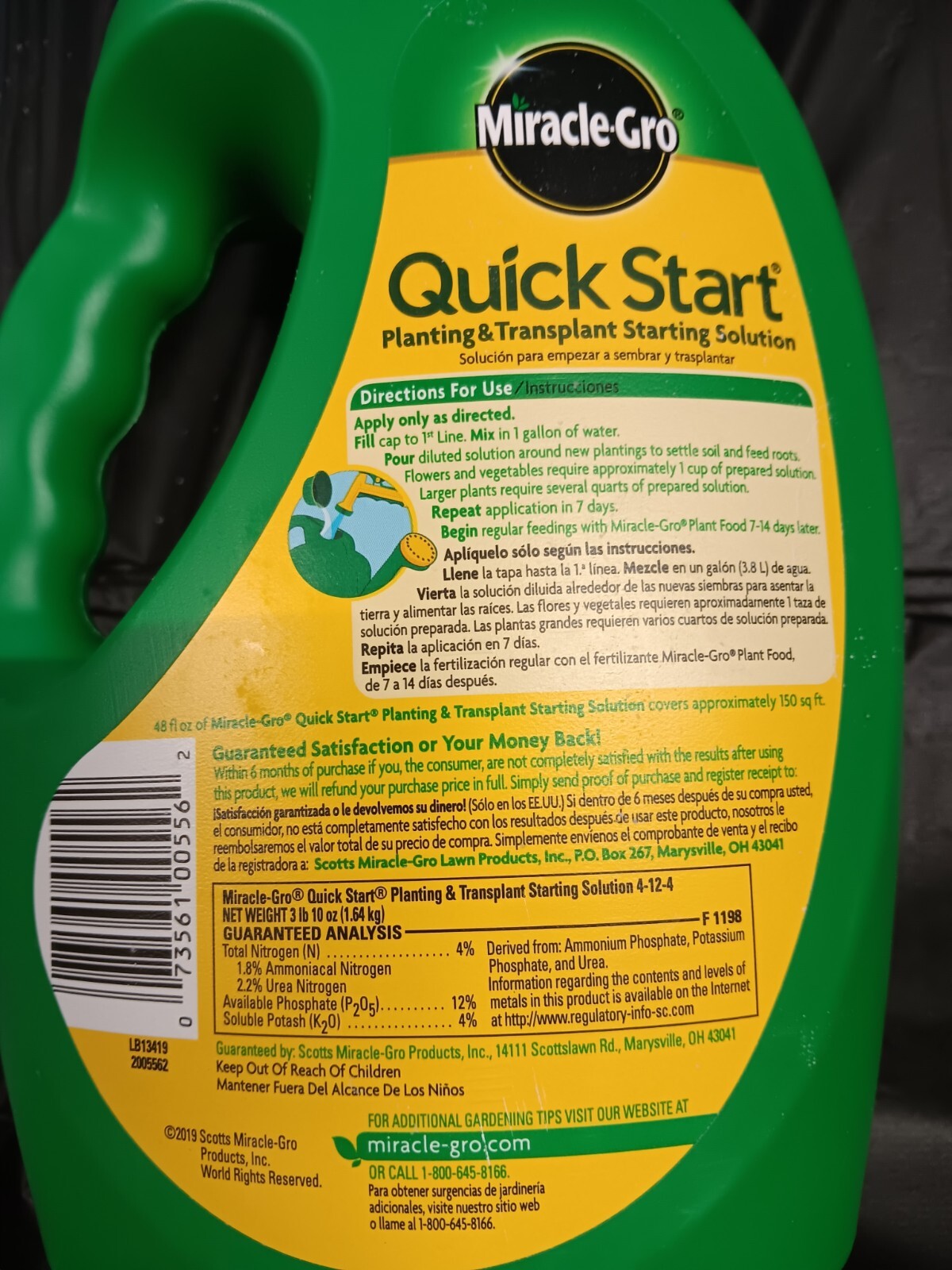 Miracle-Gro Flower/ Veggies Quick Start plant & Transplant Starting Sol 48 fl