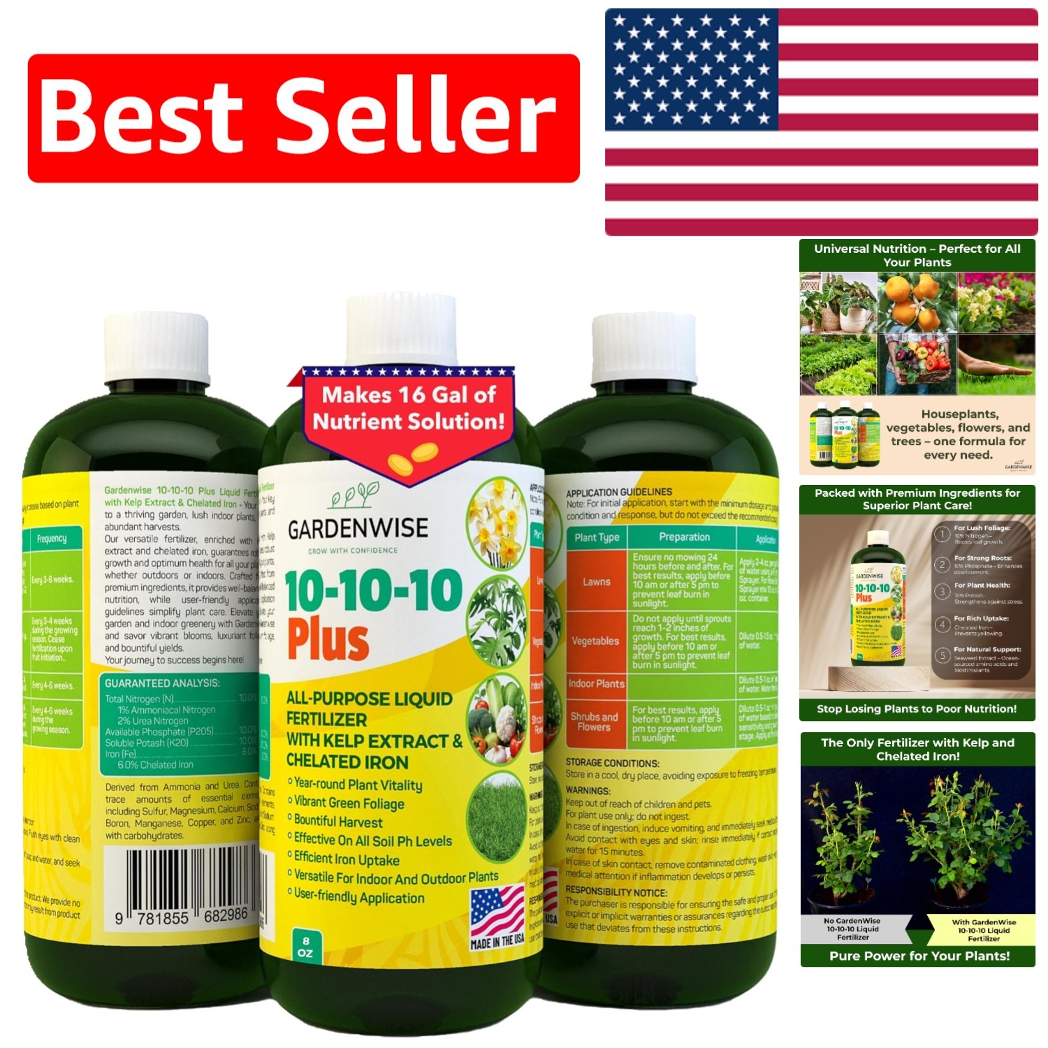 10-10-10 Plant Food with Seaweed & Chelated Iron – 8oz for All Gardens