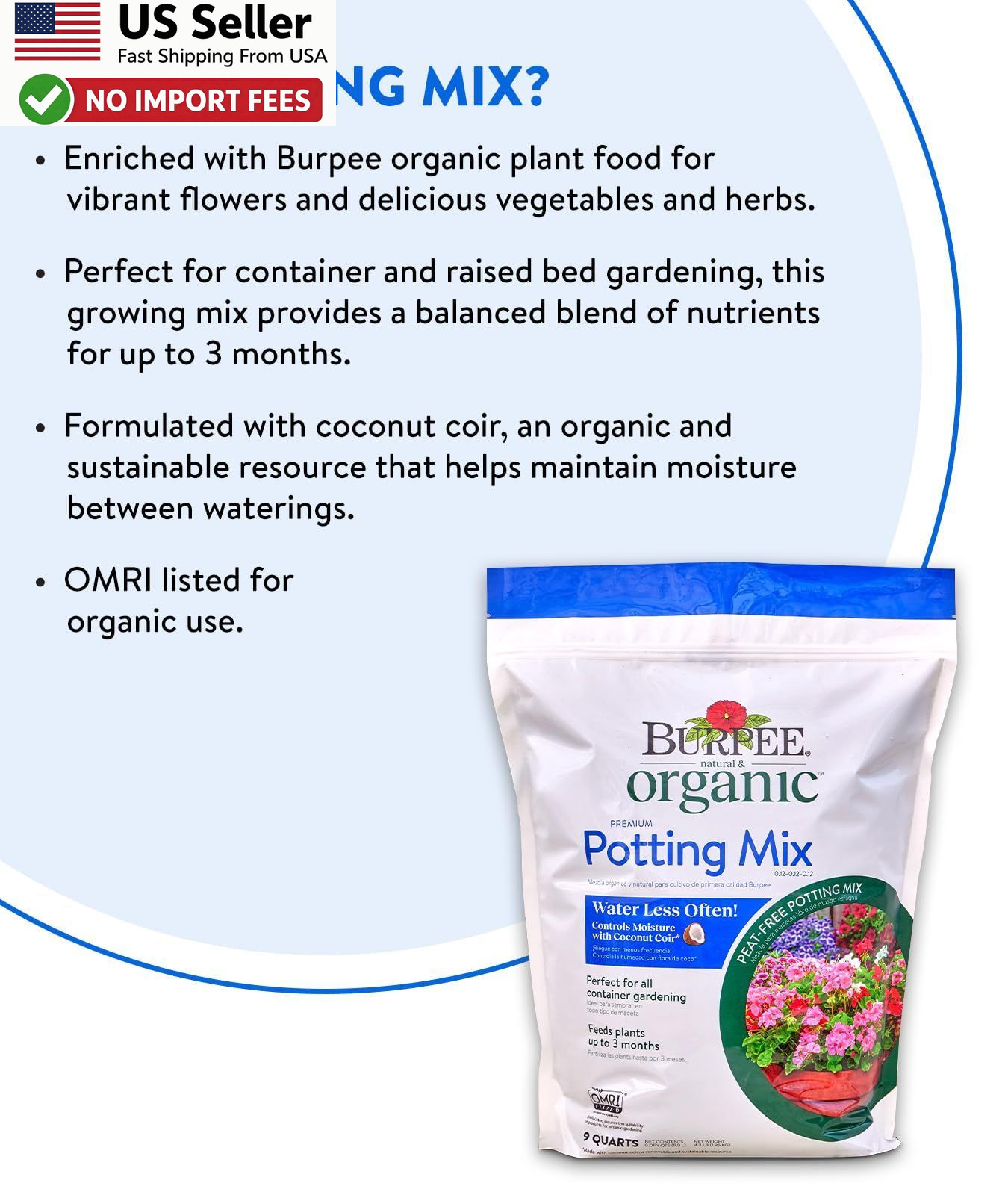 Burpee Organic Potting Soil Mix 9qt Container Vegetable Herb FROM USA