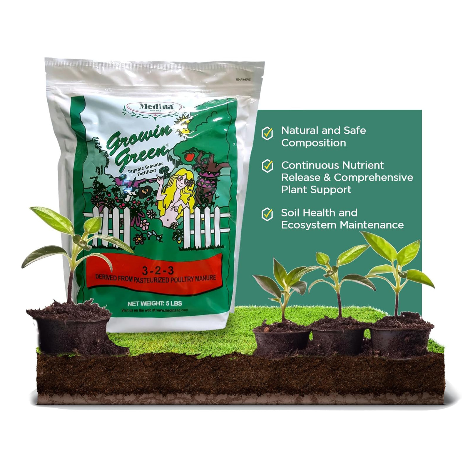 Growin Green 3-2-3 Organic Fertilizer 5 lb Bag OMRI Listed by Medina