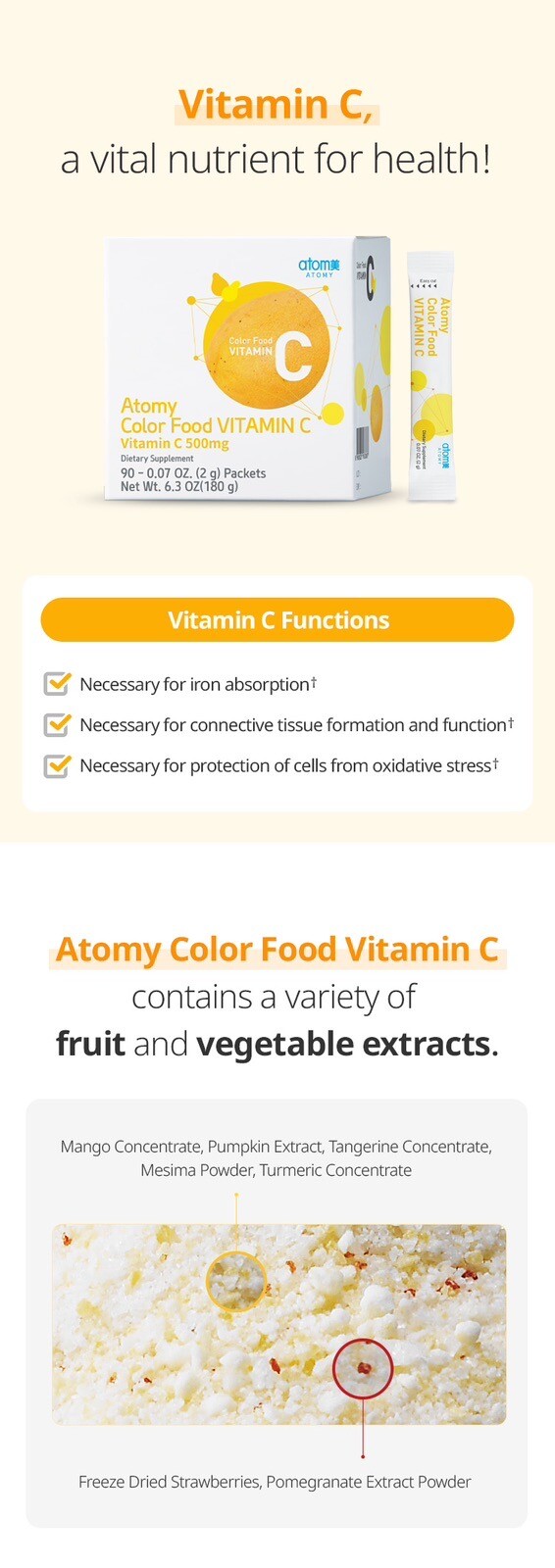 Atomy Color Food Vitamin C Health Supplement 90 Sticks&2g 500mg US Seller