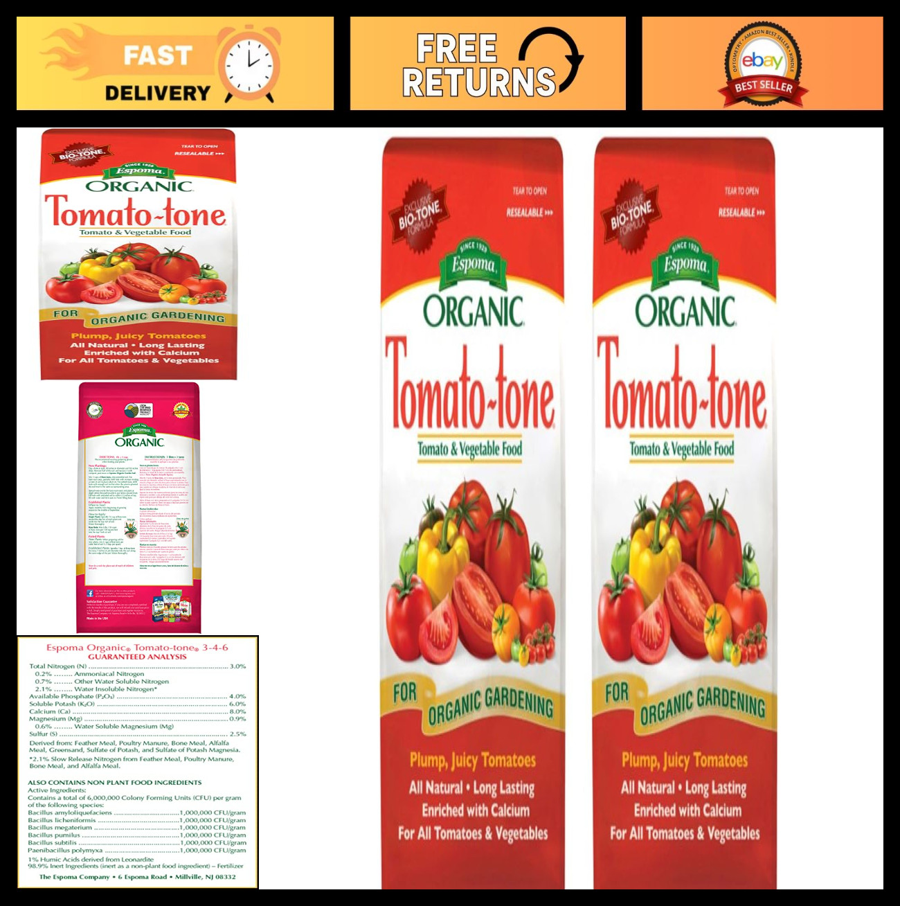 Organic Tomato Fertilizer 3-4-6 with Calcium – 4 lb Bag, Pack of 2, Boosts Growt