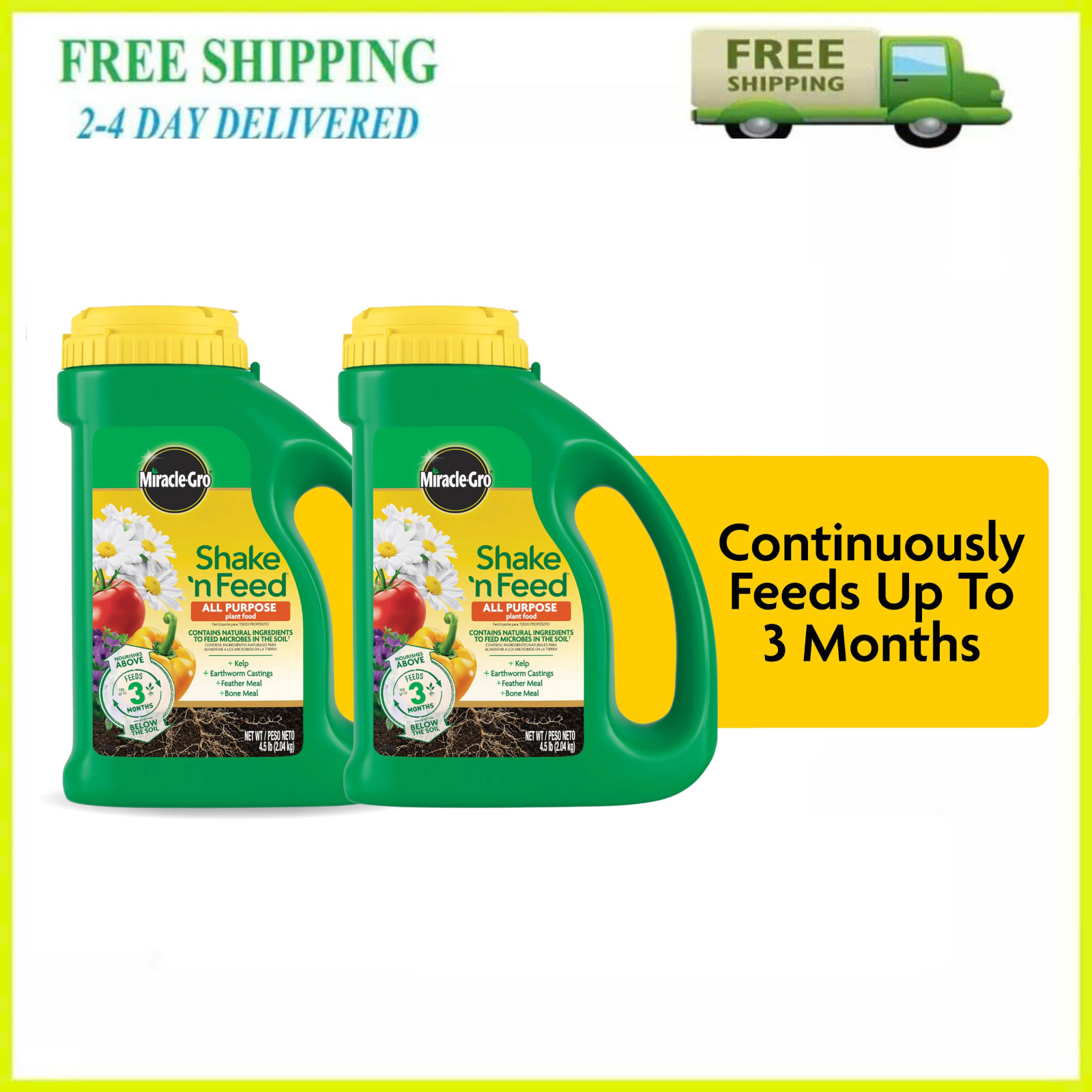 2 Pack Miracle-Gro Shake ‘N Feed All Purpose Plant Food Fertilizer 4.5 lbs New