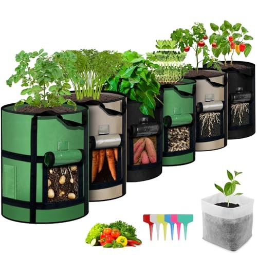 6PK 10 Gallon Potato Grow Bags – Heavy Duty Nonwoven Garden Pots w/ Viewing Wind