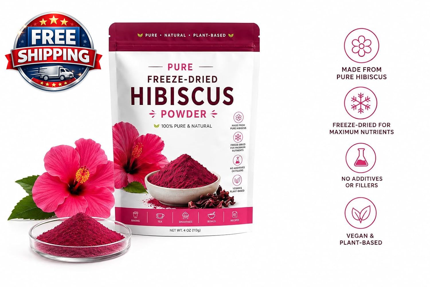 100% Pure Hibiscus Powder – Food Grade Freeze-Dried Superfine Hibiscus Flower Po