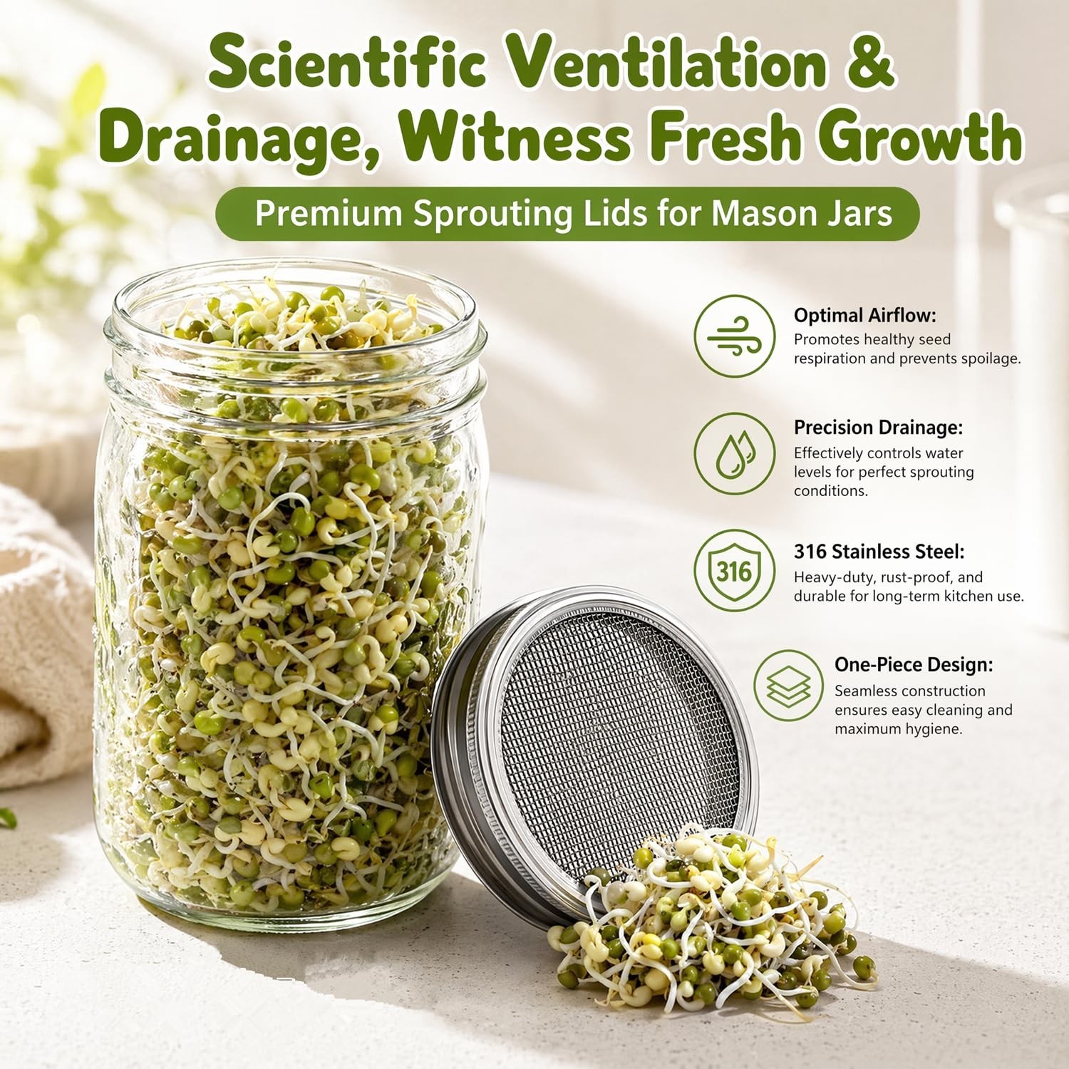 Sprouting Lids Sprouts Growing Kit, 4 Pack Metal Stainless Steel One-Piece Wi…