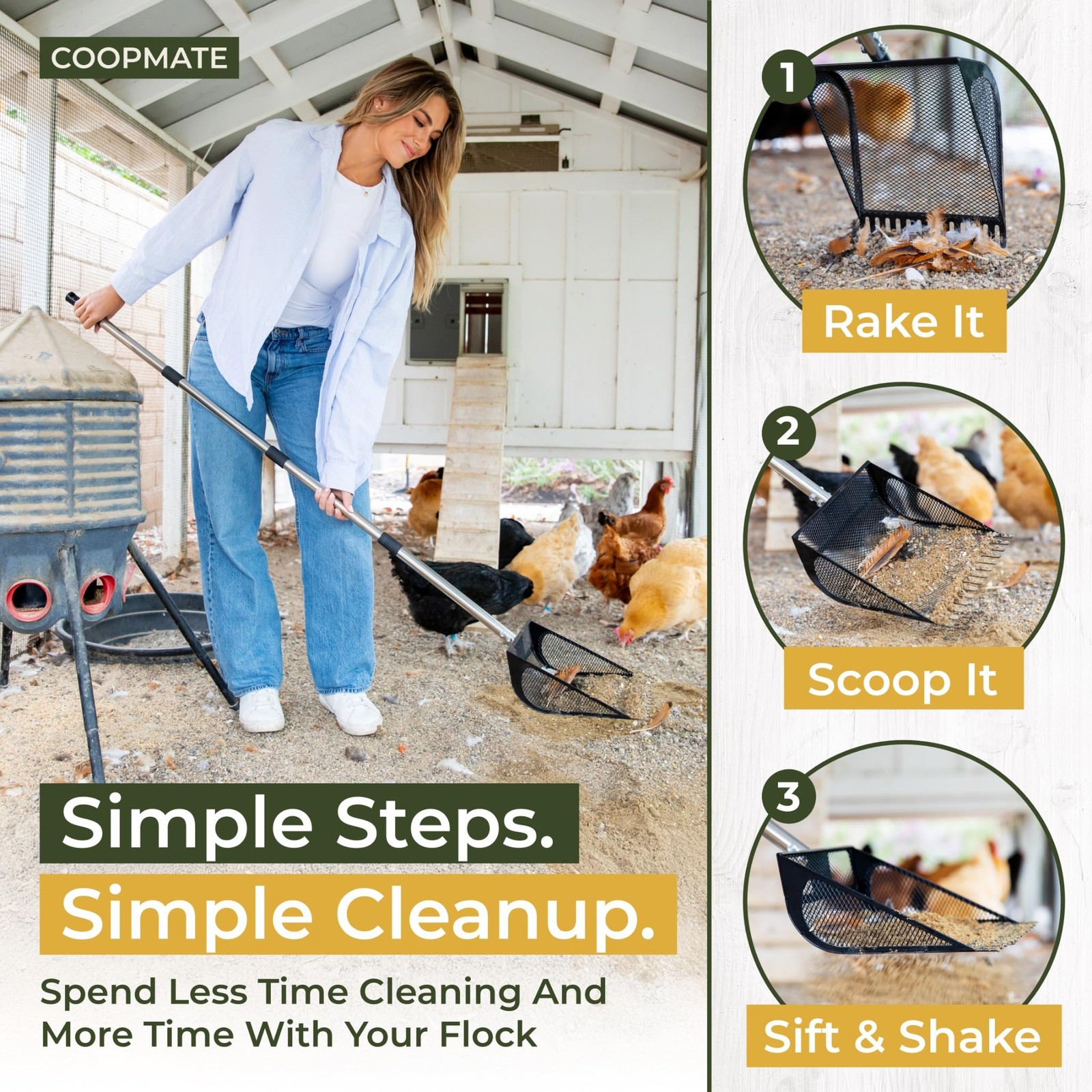 Coopmate 2-In-1 Chicken Coop Poop Scooper And Rake – Metal Sand Sifting Litter