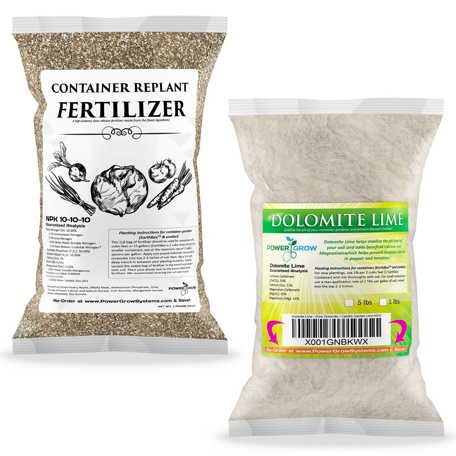 Replant Kit – EarthBox or Container – PREMIUM Dolomite Lime and Fertlizer Combo