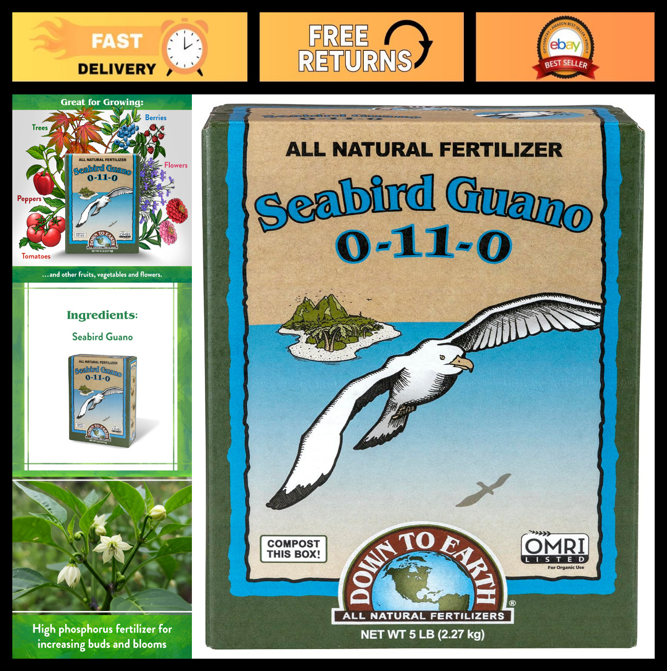 Organic Seabird Guano Fertilizer 0-11-0, 5 lb – High Phosphorus for Plants, Flow