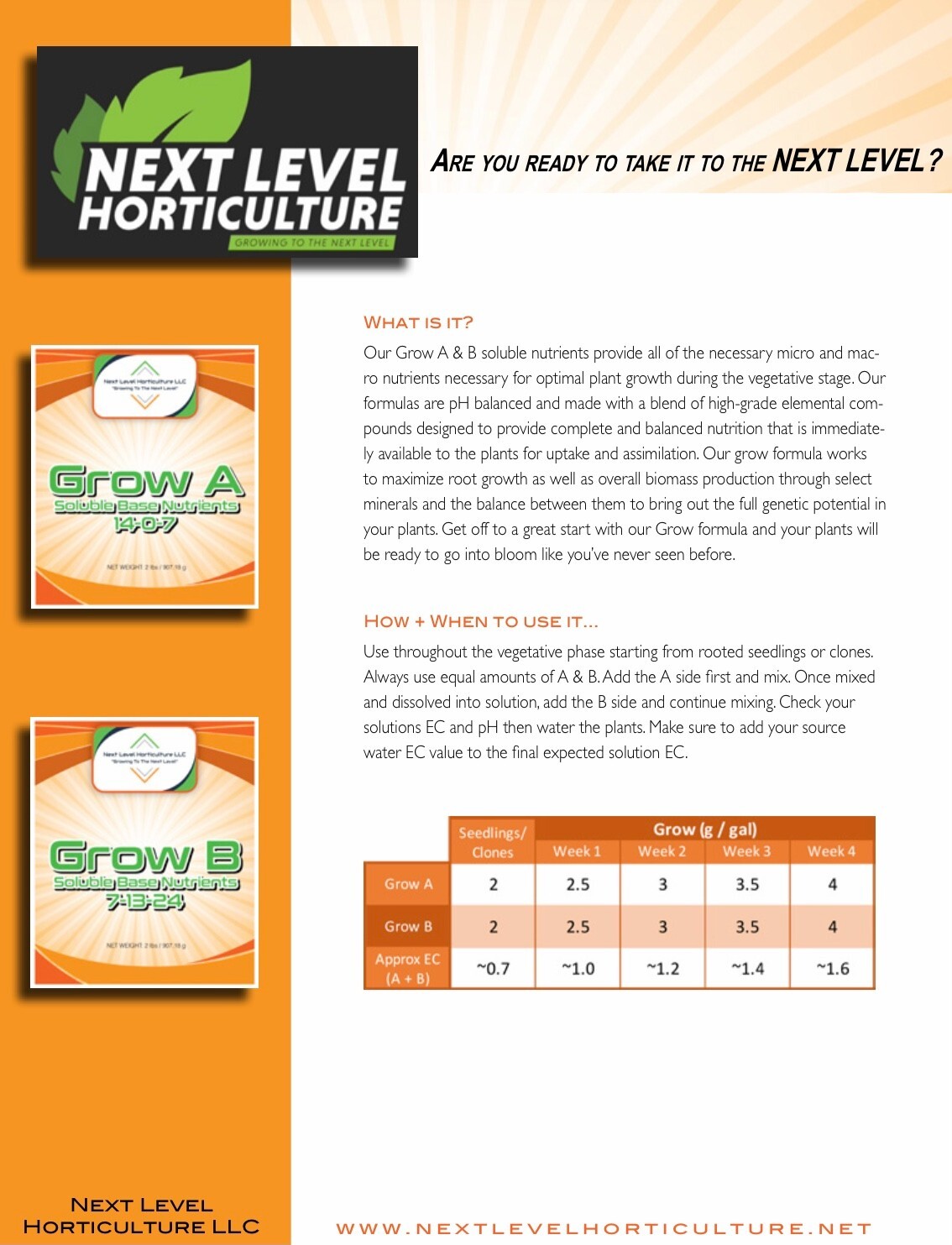 Next Level Horticulture Soluble A & B Growth nutrient Hydroponic Soil 21-13-31