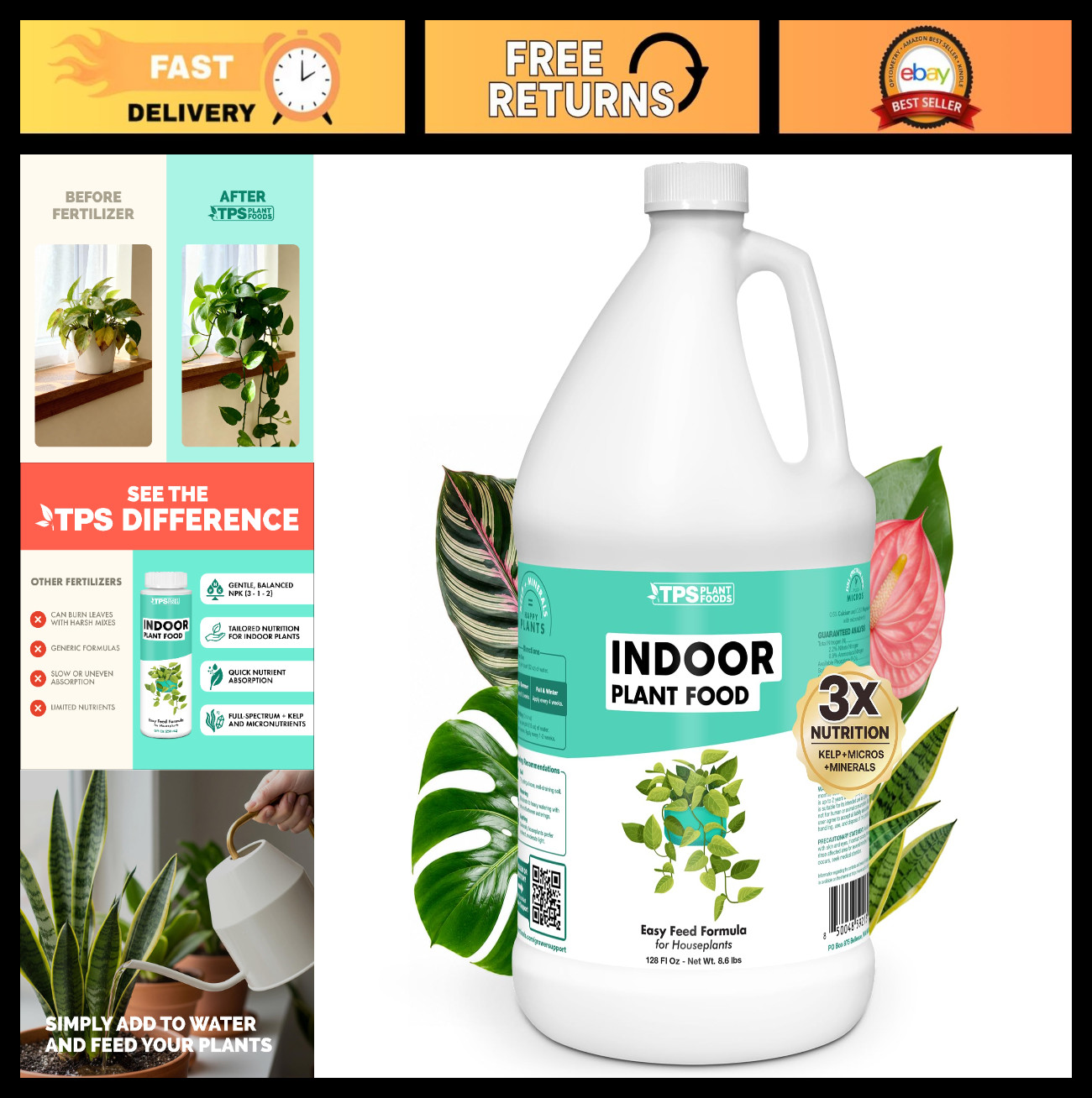 Complete Liquid Fertilizer for Indoor Plants – 1 Gallon, Kelp-Enriched, Promotes