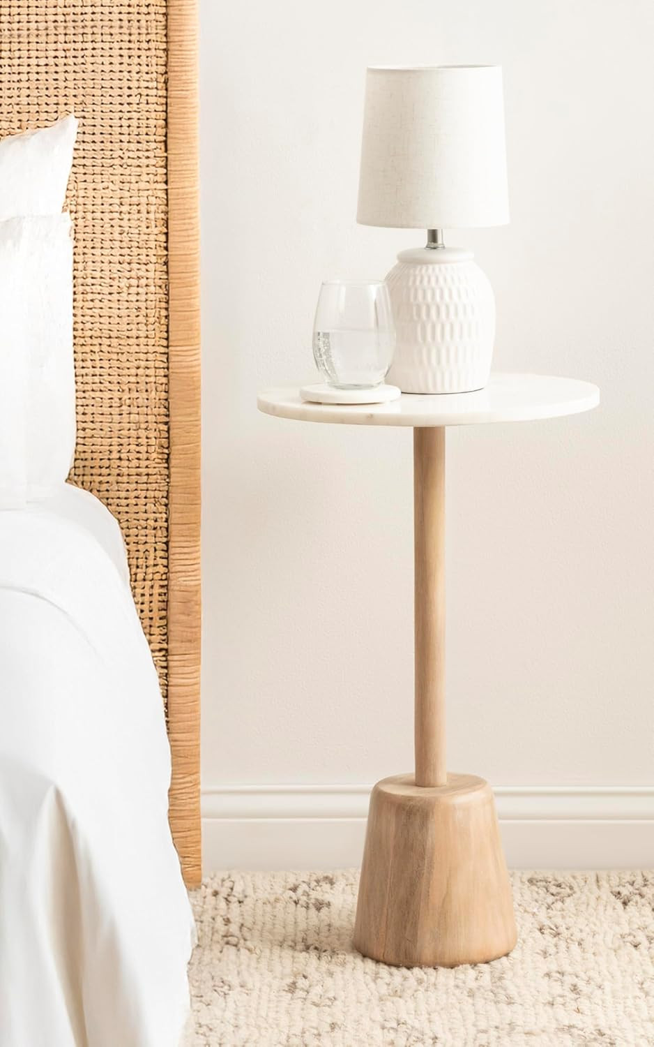 Elegant Round Marble Side Table – 14″ White & Natural Pedestal End Table