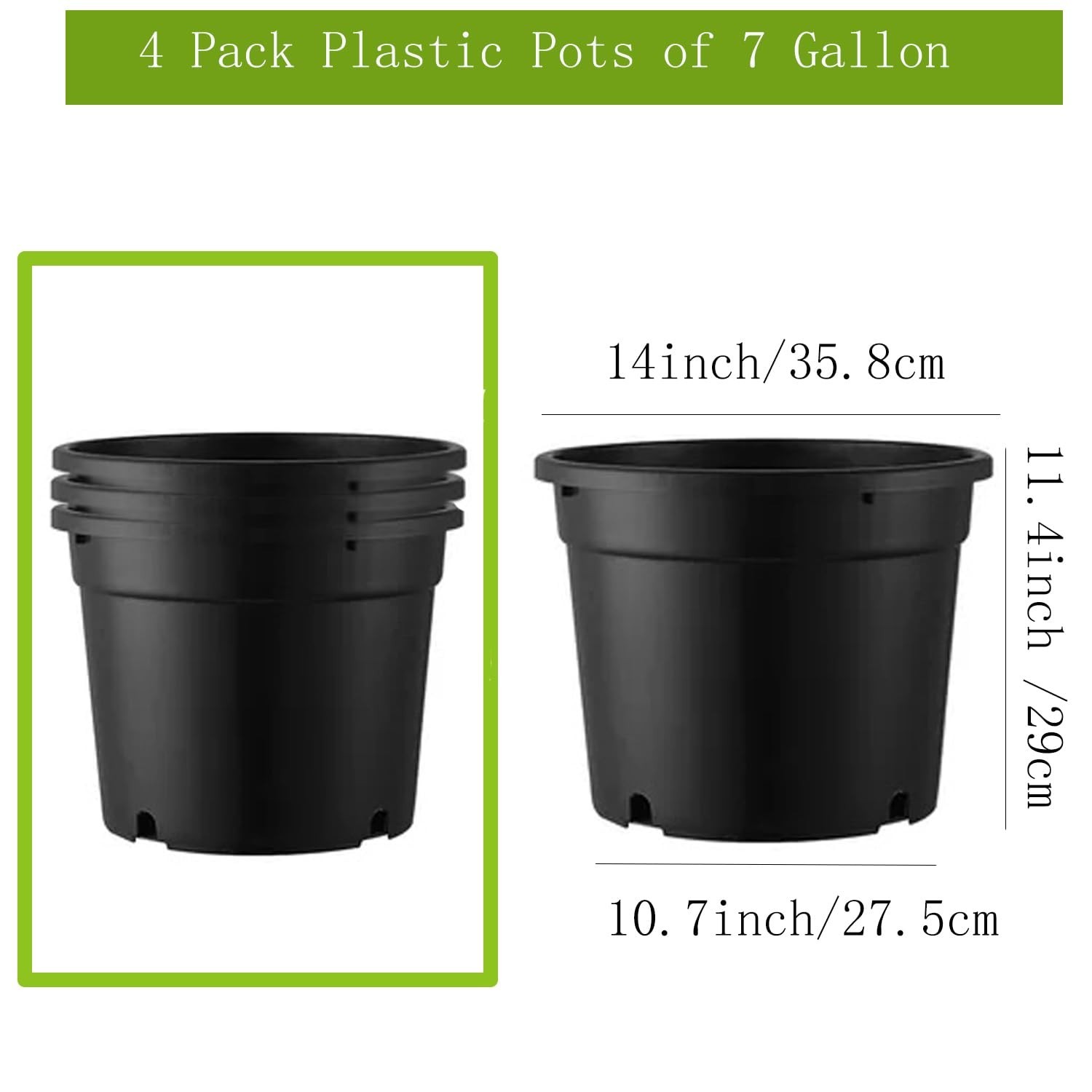 7 Gallon Plastic Pots for Plants, 7 Gallon Nursery pots, 4 Pack 13 Round Stur…