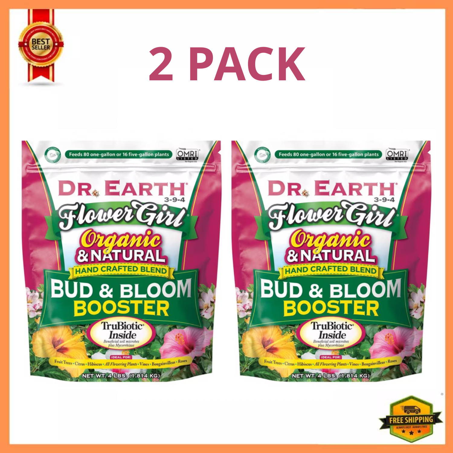 Dr. Earth Flower Girl Bud & Bloom Booster 3-9-4 Organic Fertilizer 4 lb, 2 Pack