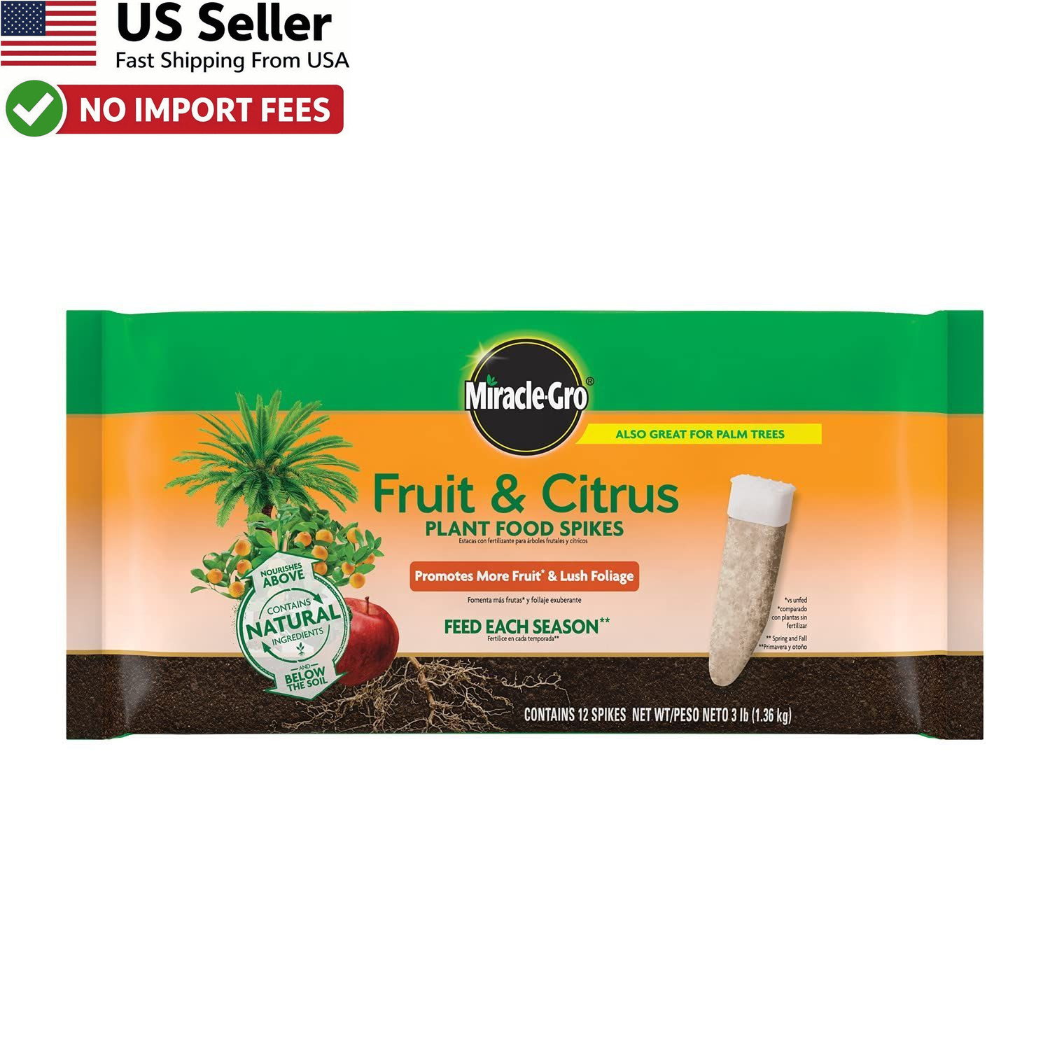 Miracle-Gro Fruit & Citrus Plant Food Spikes 10-15-15 NPK Tree Fertilizer 12