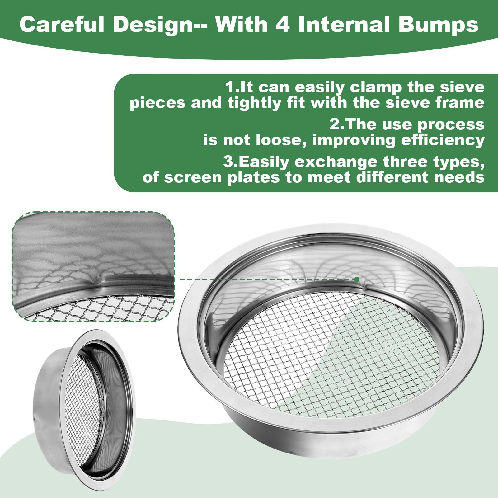 Soil Sieve Set Garden Soils Sifter Stainless Steel 9.5 x 2.36 Inch, SILVER