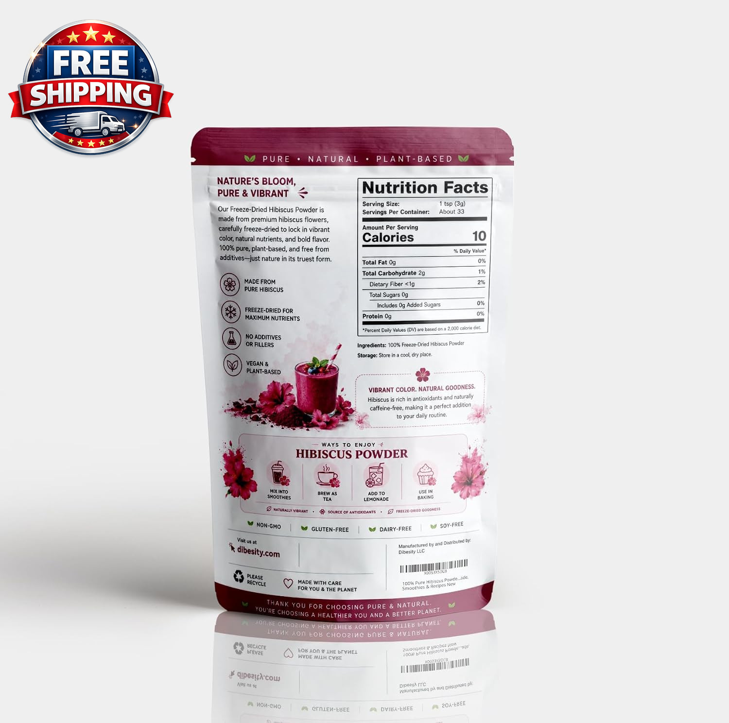 100% Pure Hibiscus Powder – Food Grade Freeze-Dried Superfine Hibiscus Flower Po