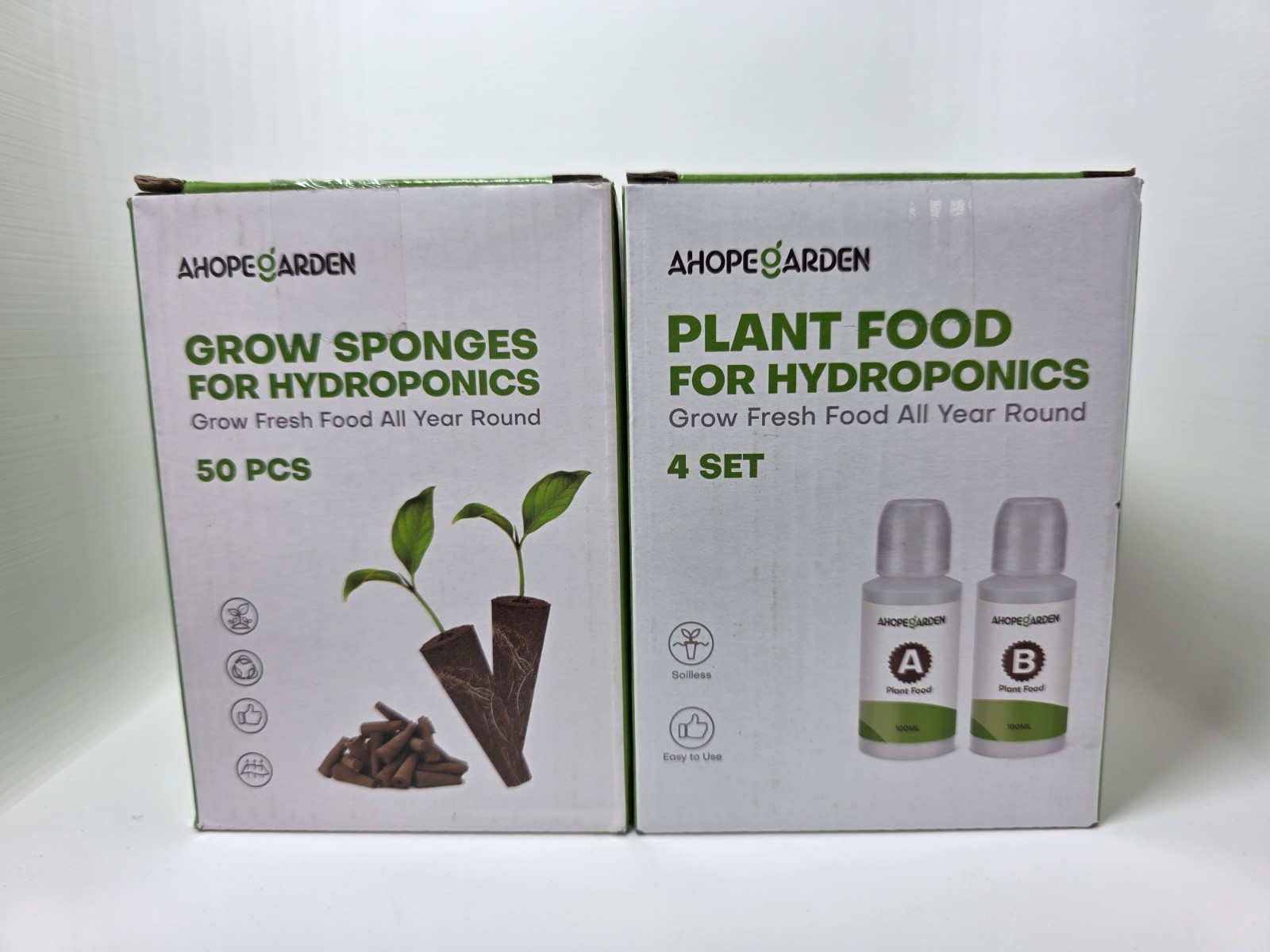 Ahopegarden Grow Sponges 50pcs + Plant Food 4 Set Bundle Hydroponics AeroGarden