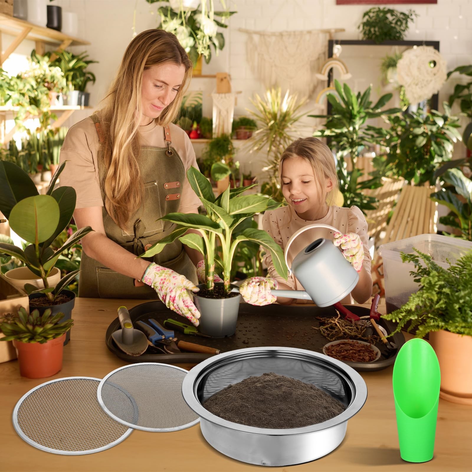 Soil Sieve Set Garden Soils Sifter Stainless Steel 9.5 x 2.36 Inch, SILVER