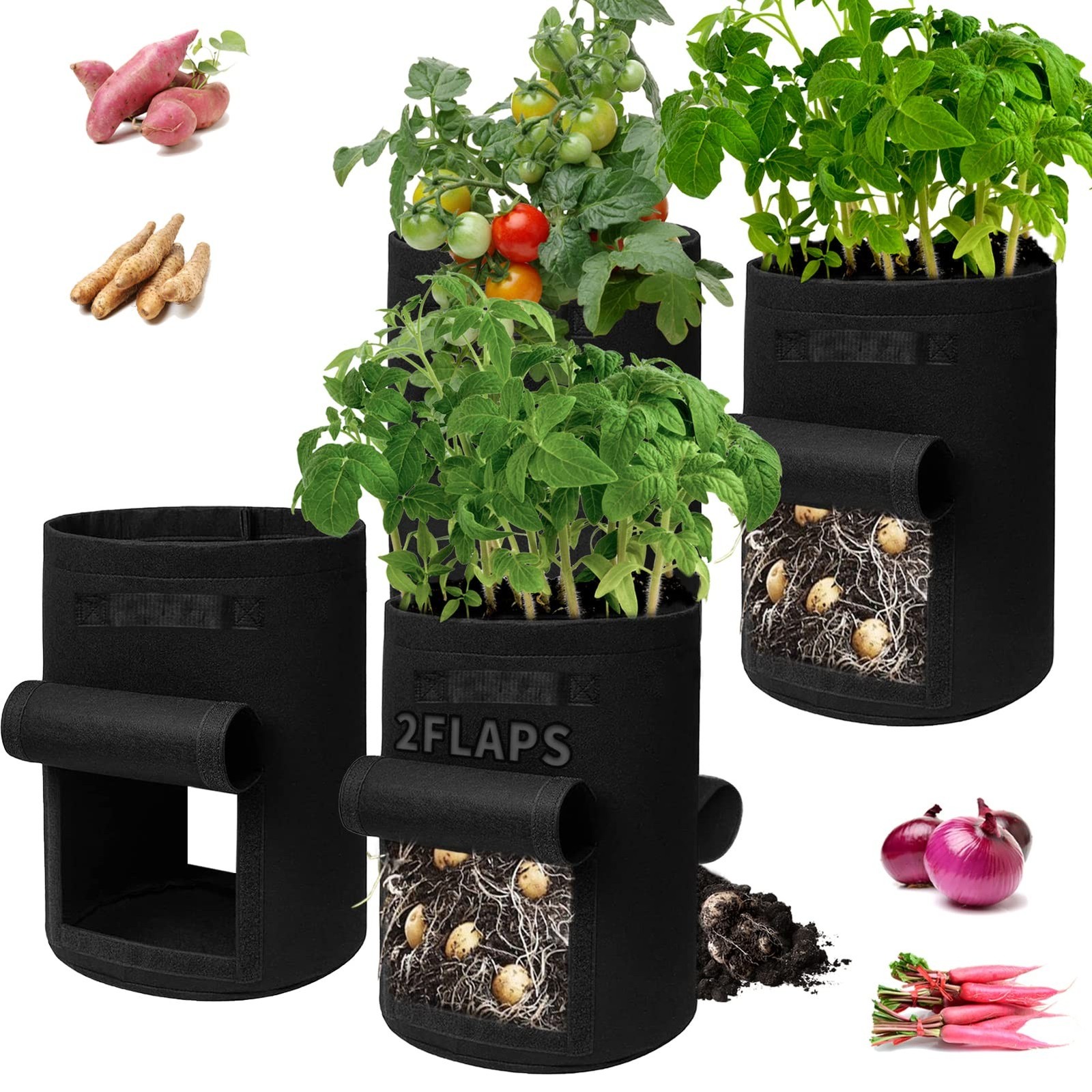 4-Pack 15-Gallon Grow Bags with 2 Flaps and Reinforced Handles,Non-Woven Pota…