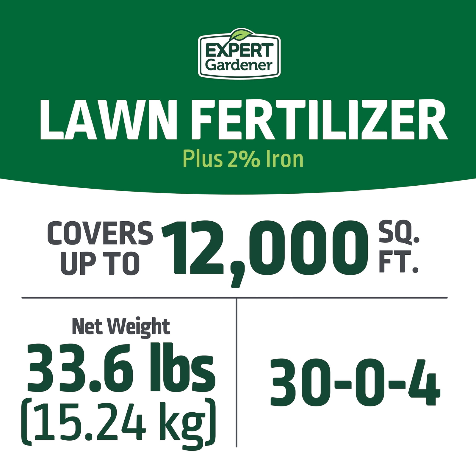 Lawn Food Fertilizer 30-0-4, Plus 2% Iron, 33.6 lb., Covers 12,000 Sq. ft.