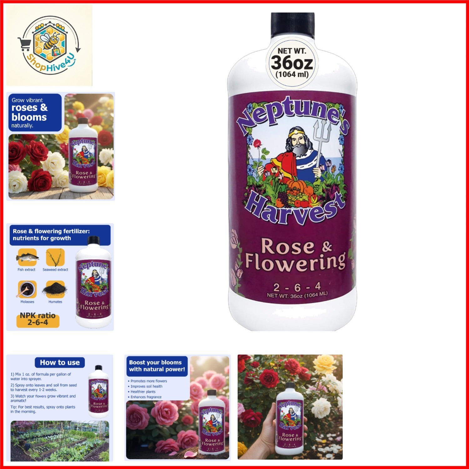 Rose & Flowering Fertilizer 2-6-4 – 36oz Bottle – Organic Liquid Food for Vib…