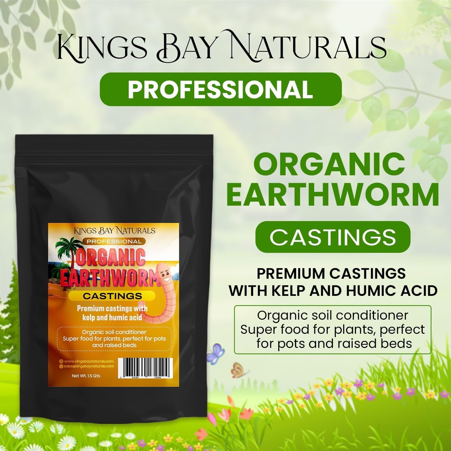 Kings Bay Naturals 100% Pure Worm Castings Plant Food, 1.5 Qts, Soil Amendment
