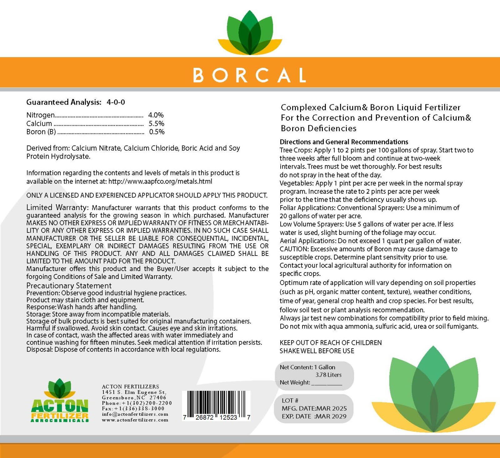 BORCAL Liquid Fertilizer, (4.0.0) Complexed Calcium, Nitrogen, and Boron.