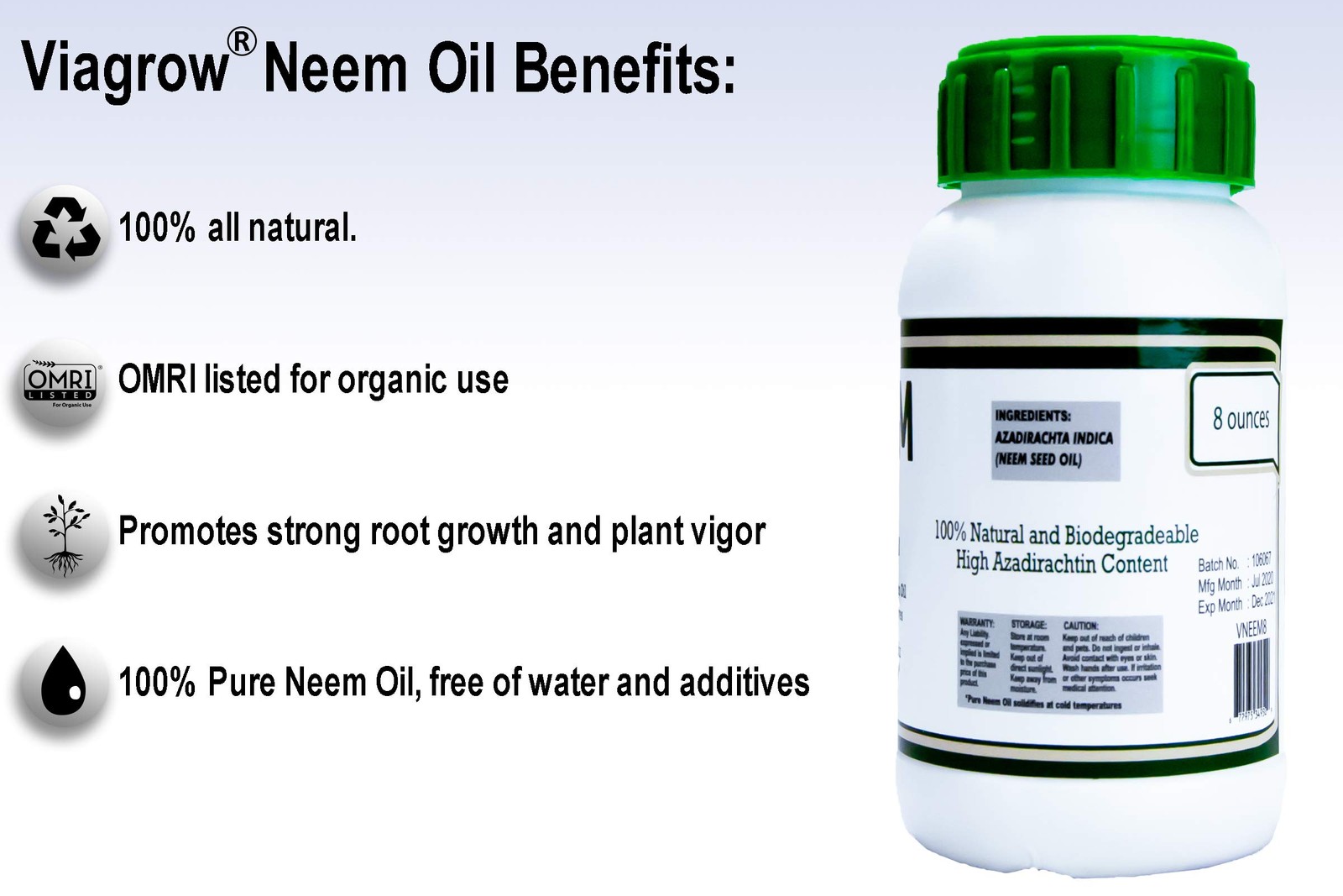 Viagrow 100% Cold Pressed Neem Seed Oil for Plants (8oz/Makes 12 Gallons), OMRI