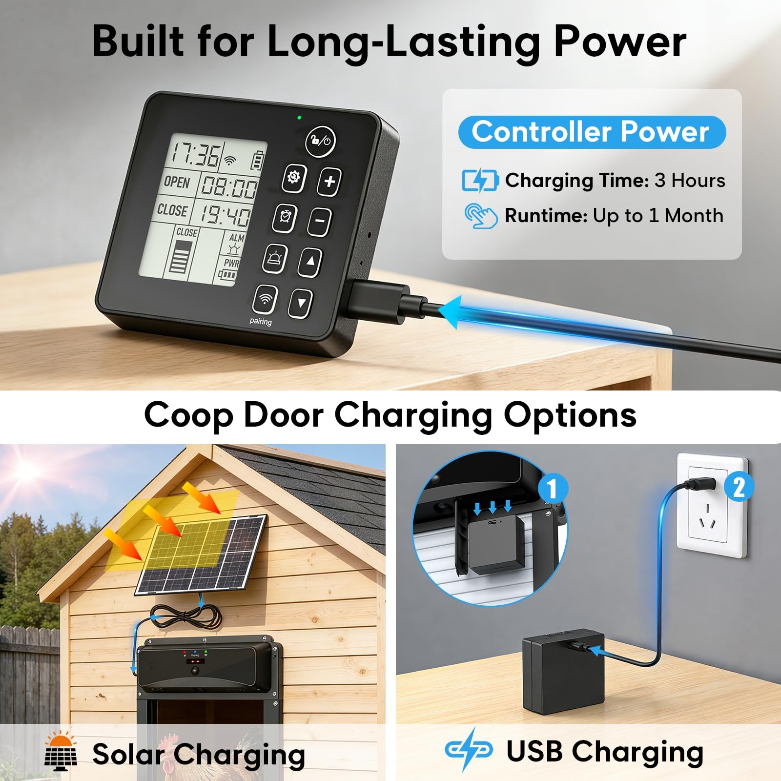 Masterfun Automatic Chicken Coop Door Remote Display Solar Powered Roll-Up