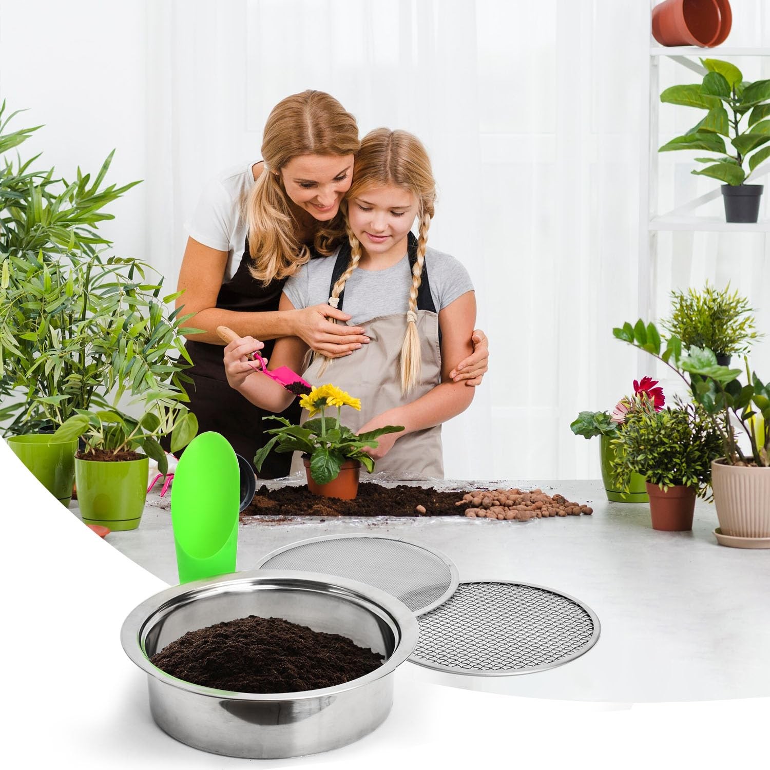 Soil Sifter Garden Sieve Stainless Steel Set, with 3 silver
